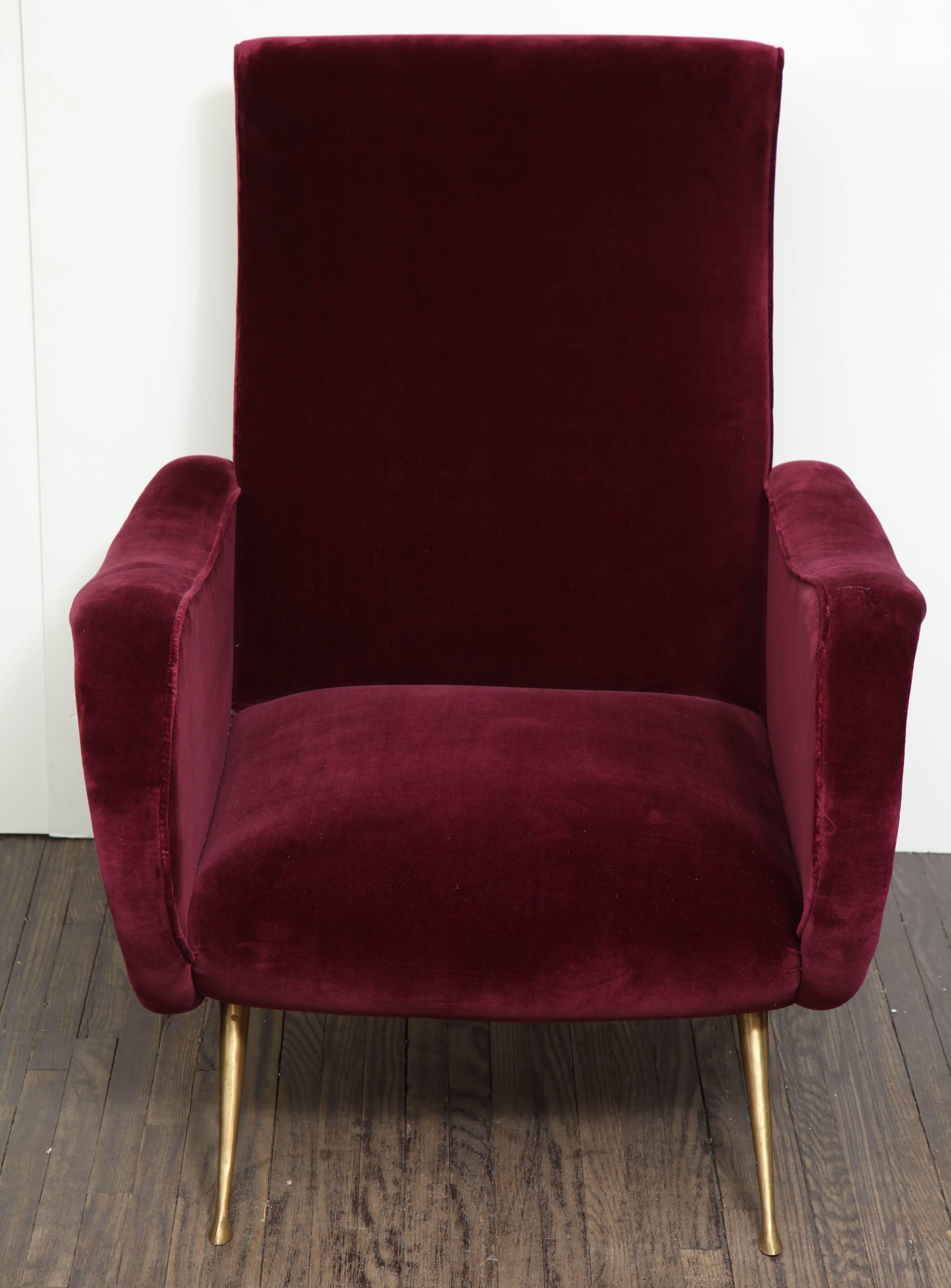 Pair of Vintage Italian Club Chairs Re-Upholstered in Burgundy Velvet 1