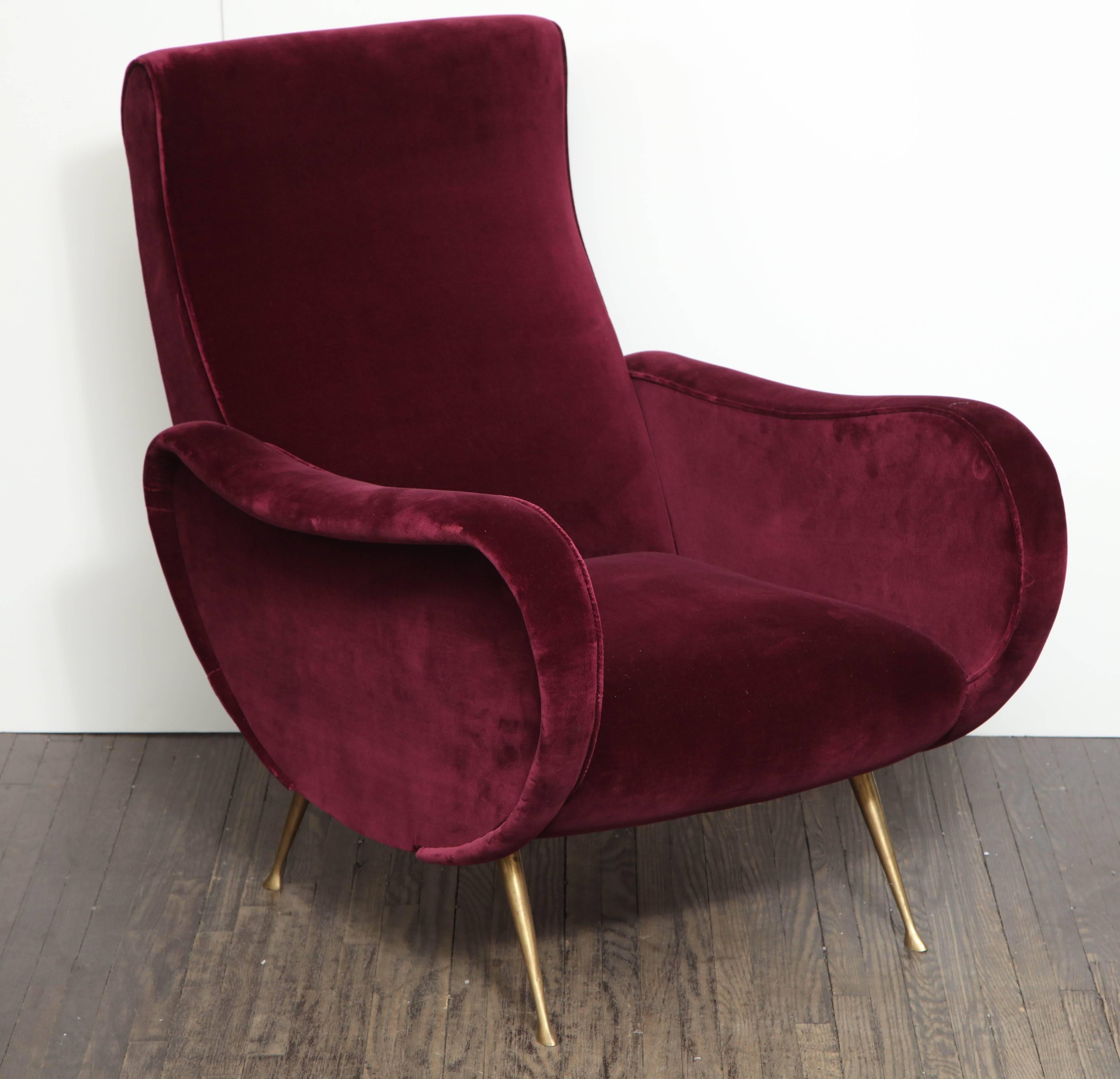 Pair of Vintage Italian Club Chairs Re-Upholstered in Burgundy Velvet 2