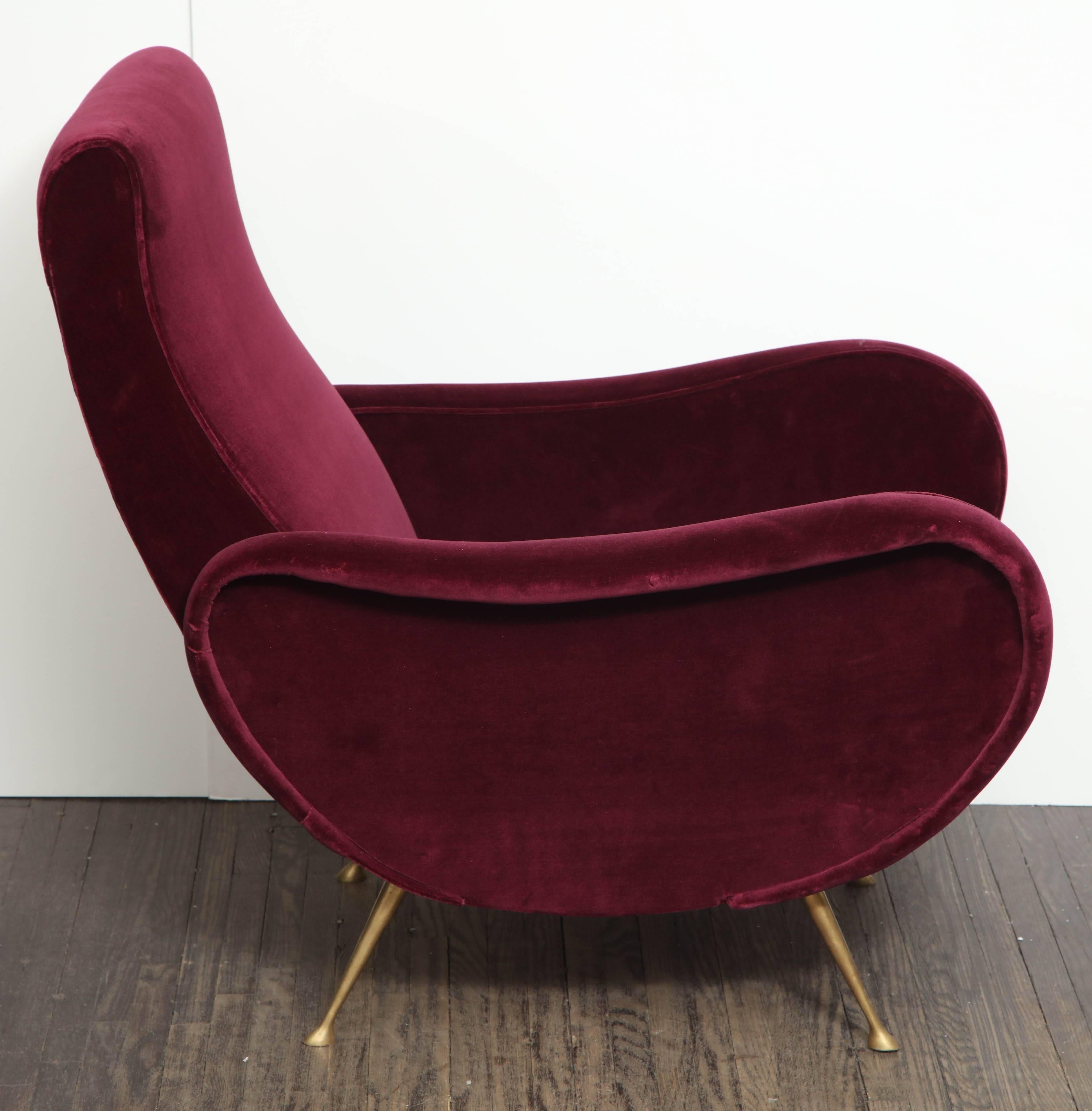 Pair of Vintage Italian Club Chairs Re-Upholstered in Burgundy Velvet 3