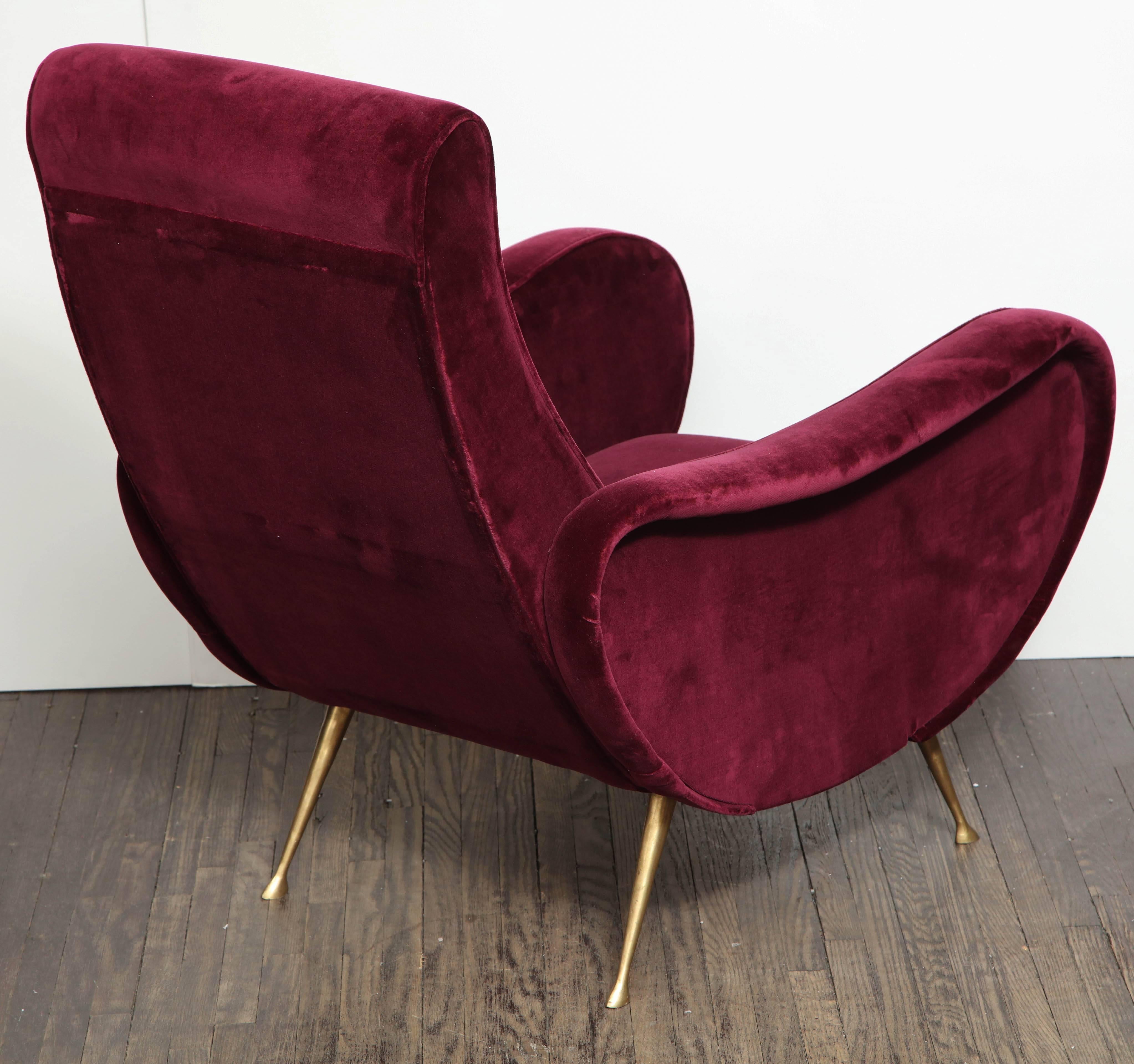 Pair of Vintage Italian Club Chairs Re-Upholstered in Burgundy Velvet 4