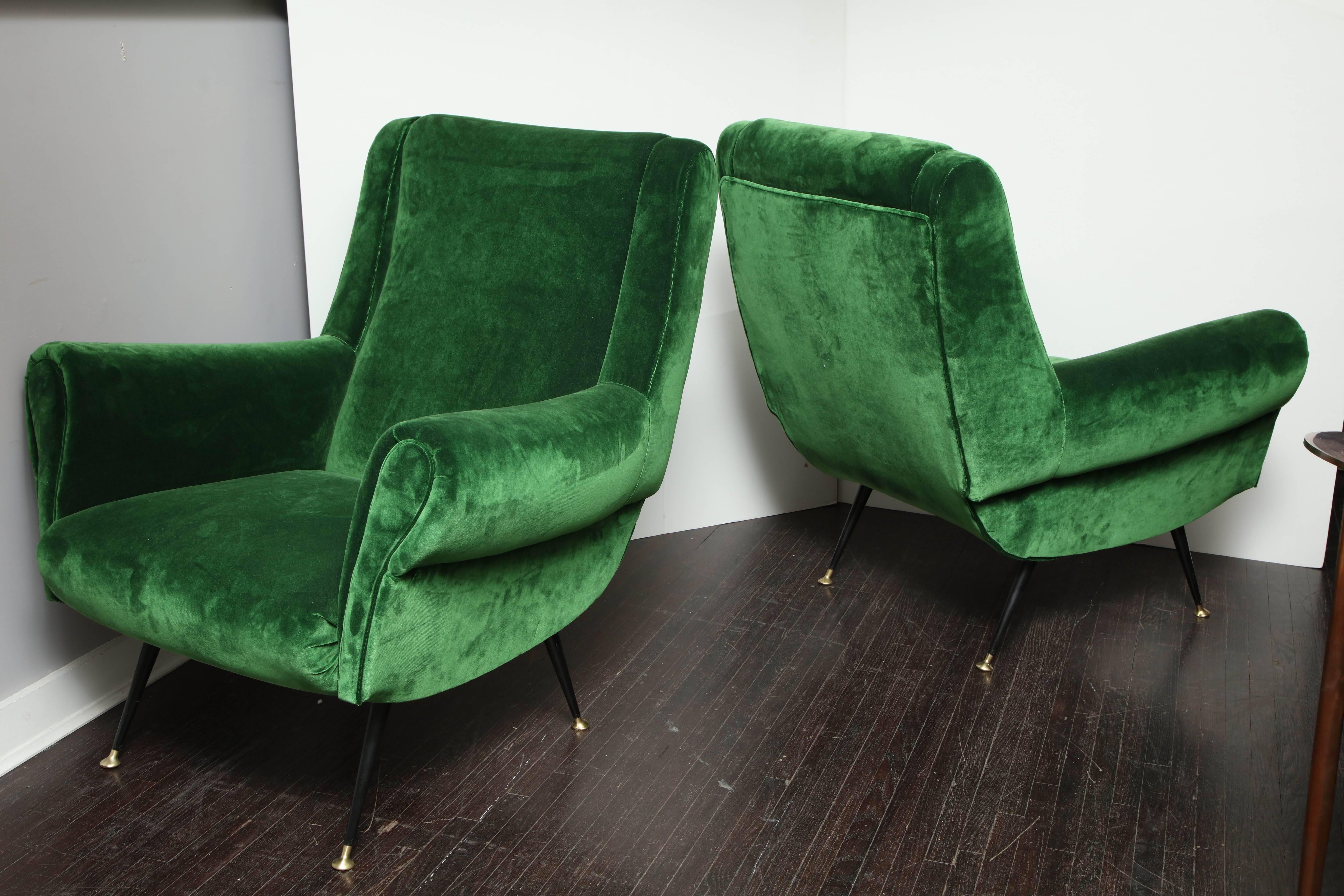 Pair of vintage Italian green velvet chairs.