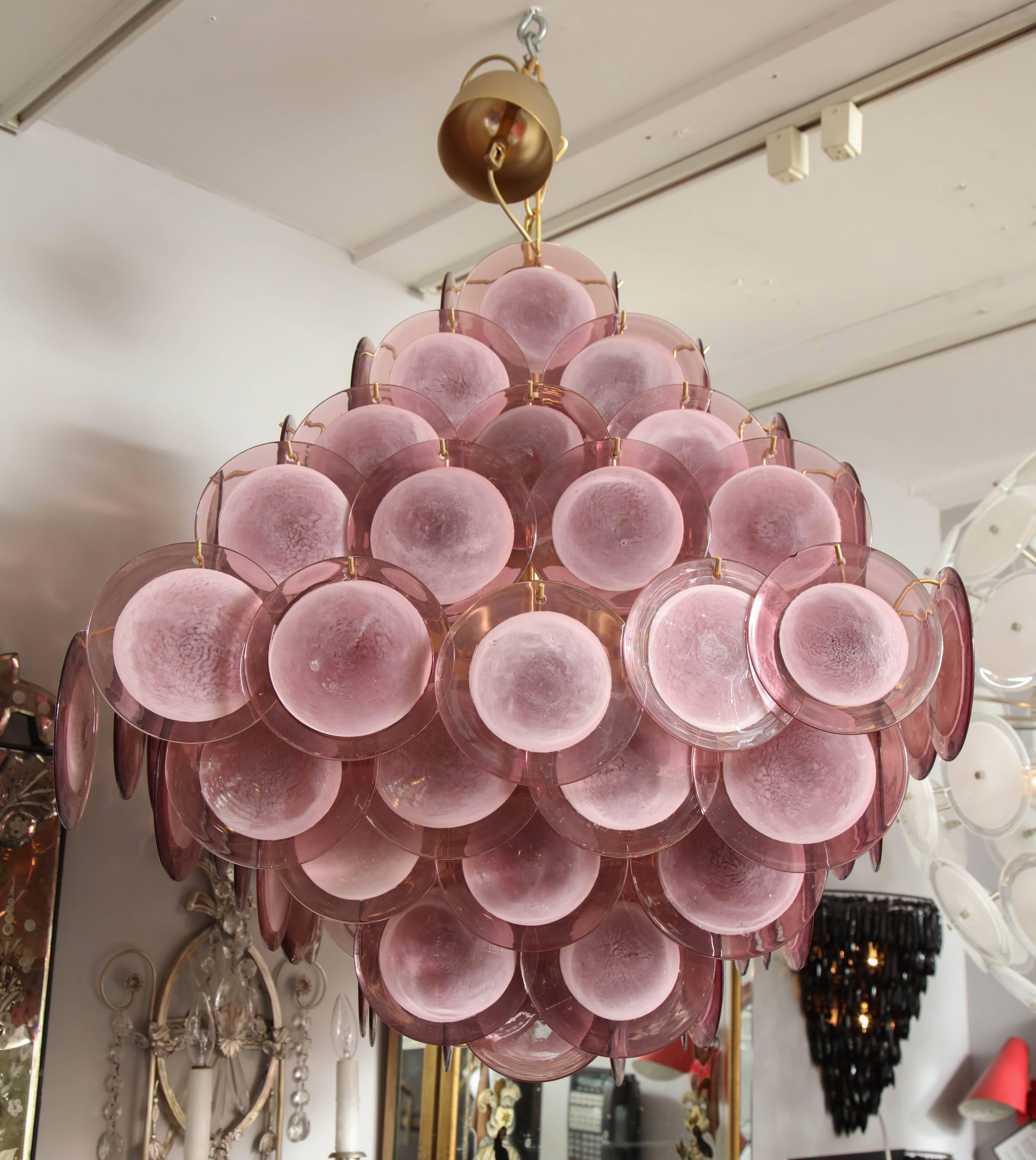 Mid-Century Modern Large Pagoda-Style Amethyst Glass Disc Chandelier For Sale