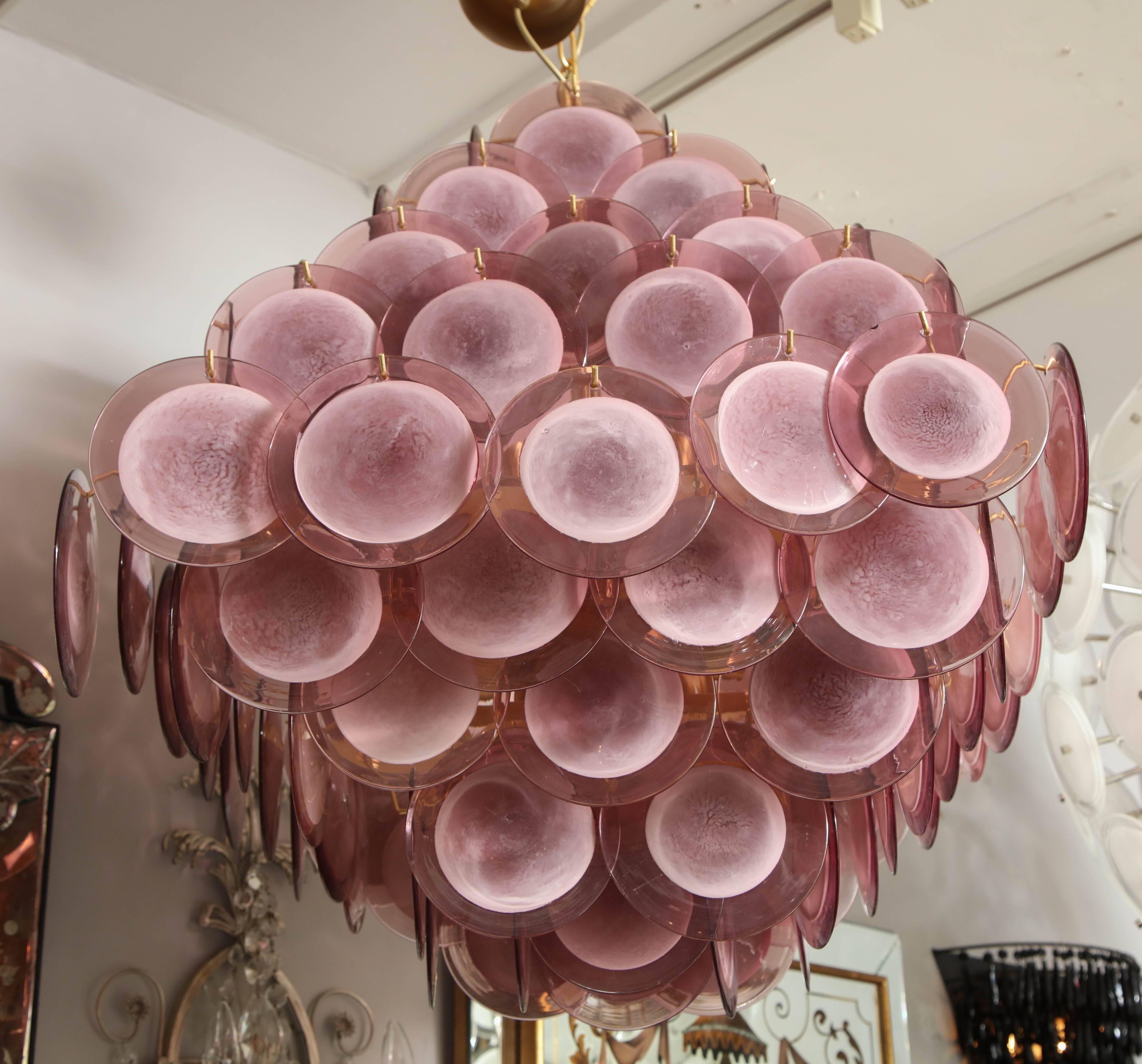 Hand-Crafted Large Pagoda-Style Amethyst Glass Disc Chandelier For Sale