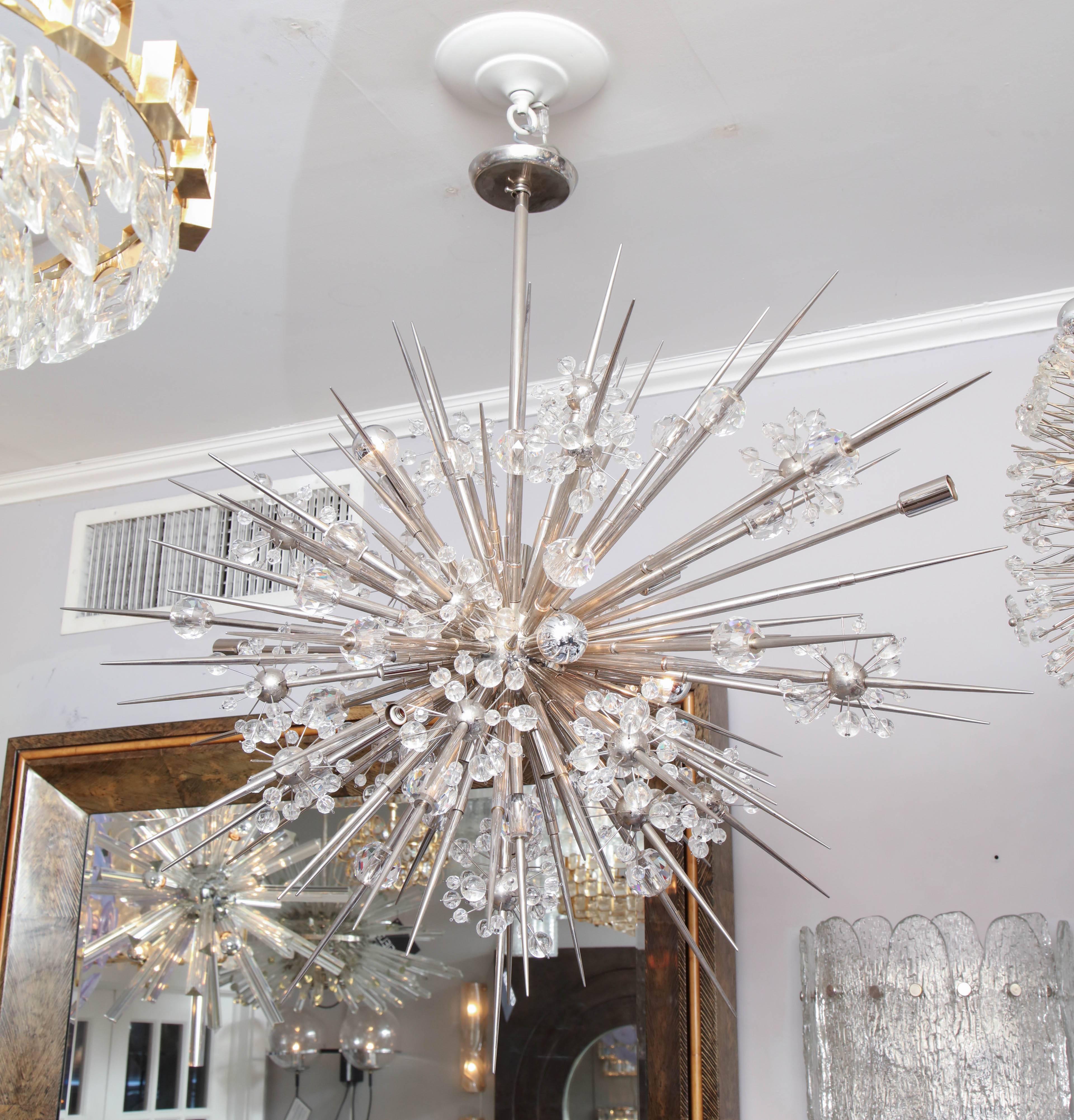 Custom Austrian crystal spiked Sputnik chandelier in polished nickel. Customization is available in different sizes and finishes.