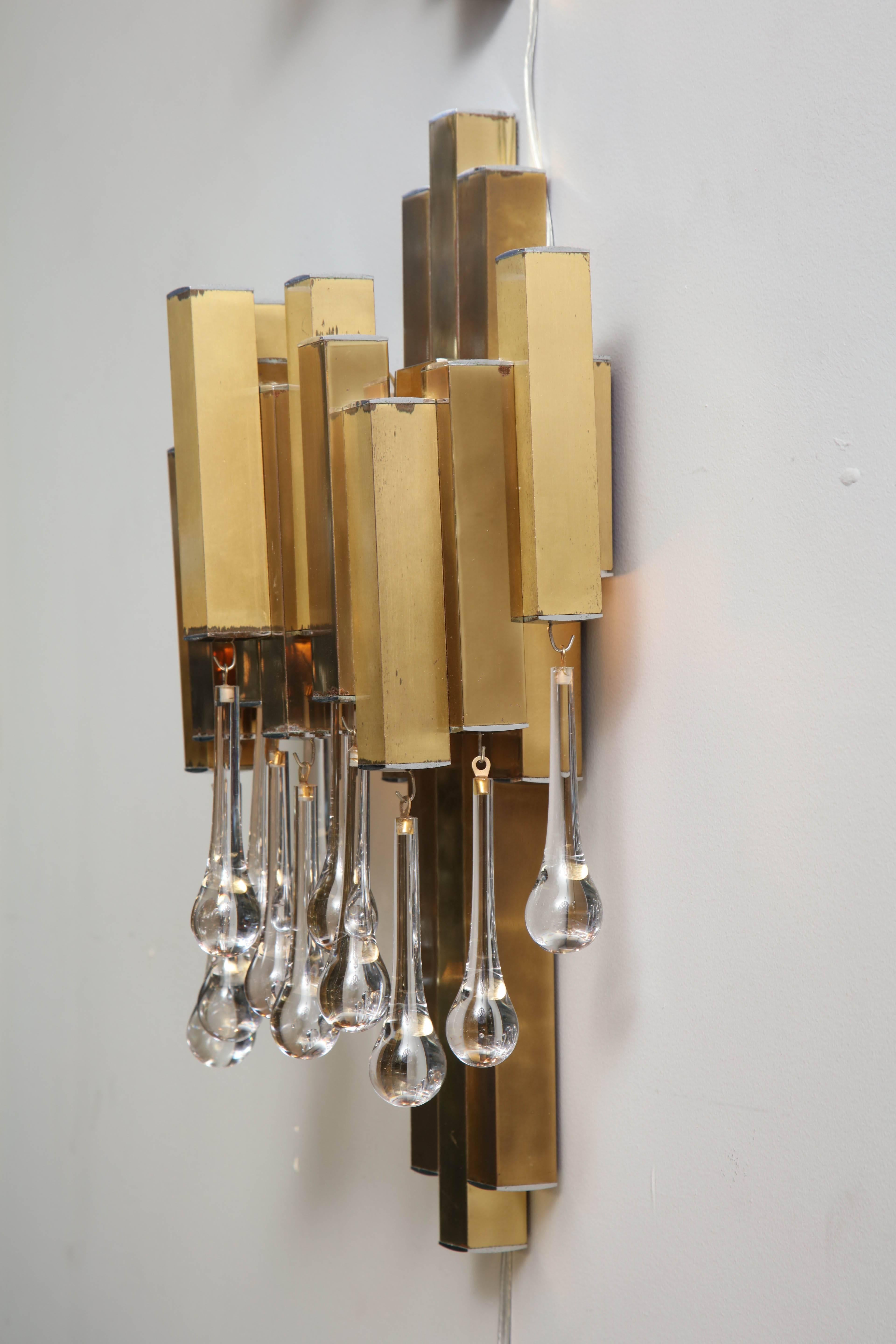 Willy Rizzo for BD Lumica Pair of Brutalist Sconces with Glass Tear Drops In Good Condition For Sale In New York, NY