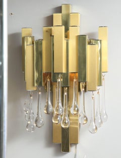 Pair of Brutalist Brass and Chrome Sconces with Murano Glass Drops by BD Lumica
