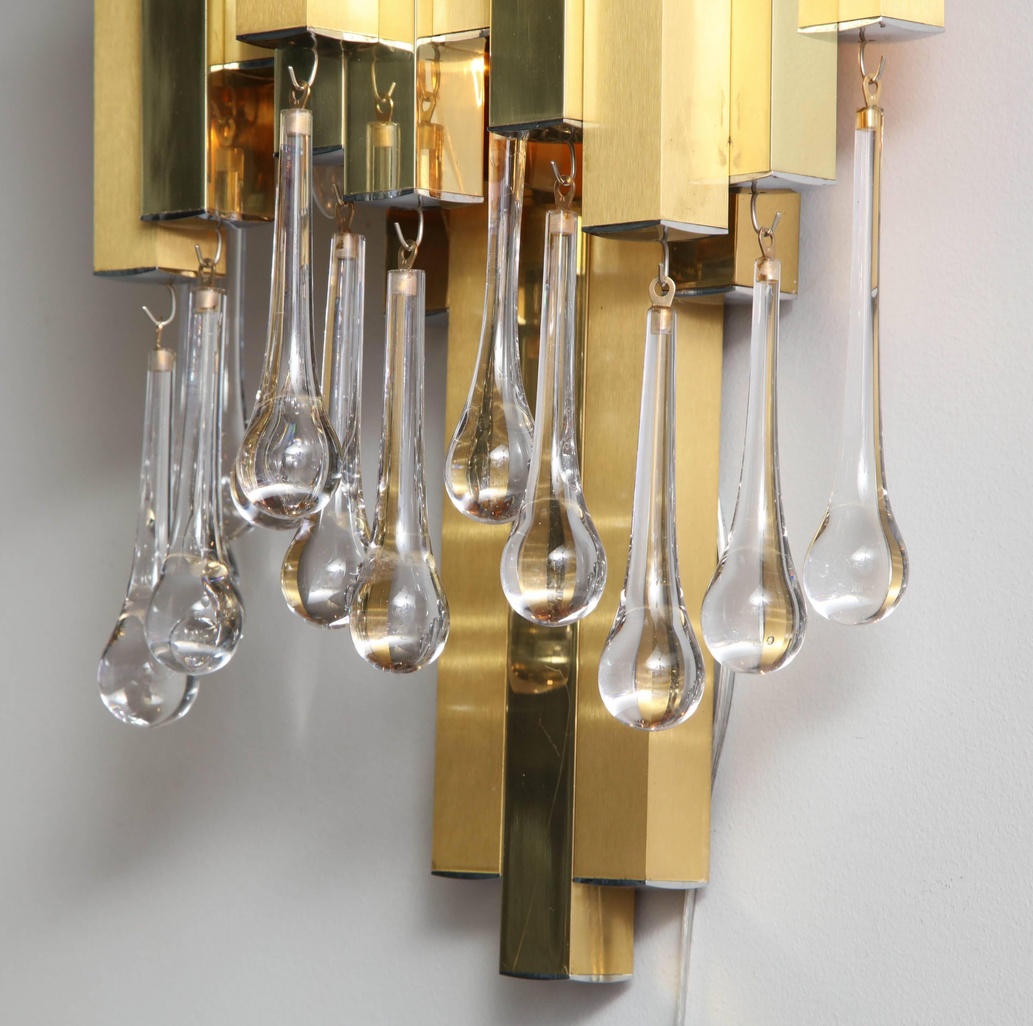 Late 20th Century Willy Rizzo for BD Lumica Pair of Brutalist Sconces with Glass Tear Drops For Sale