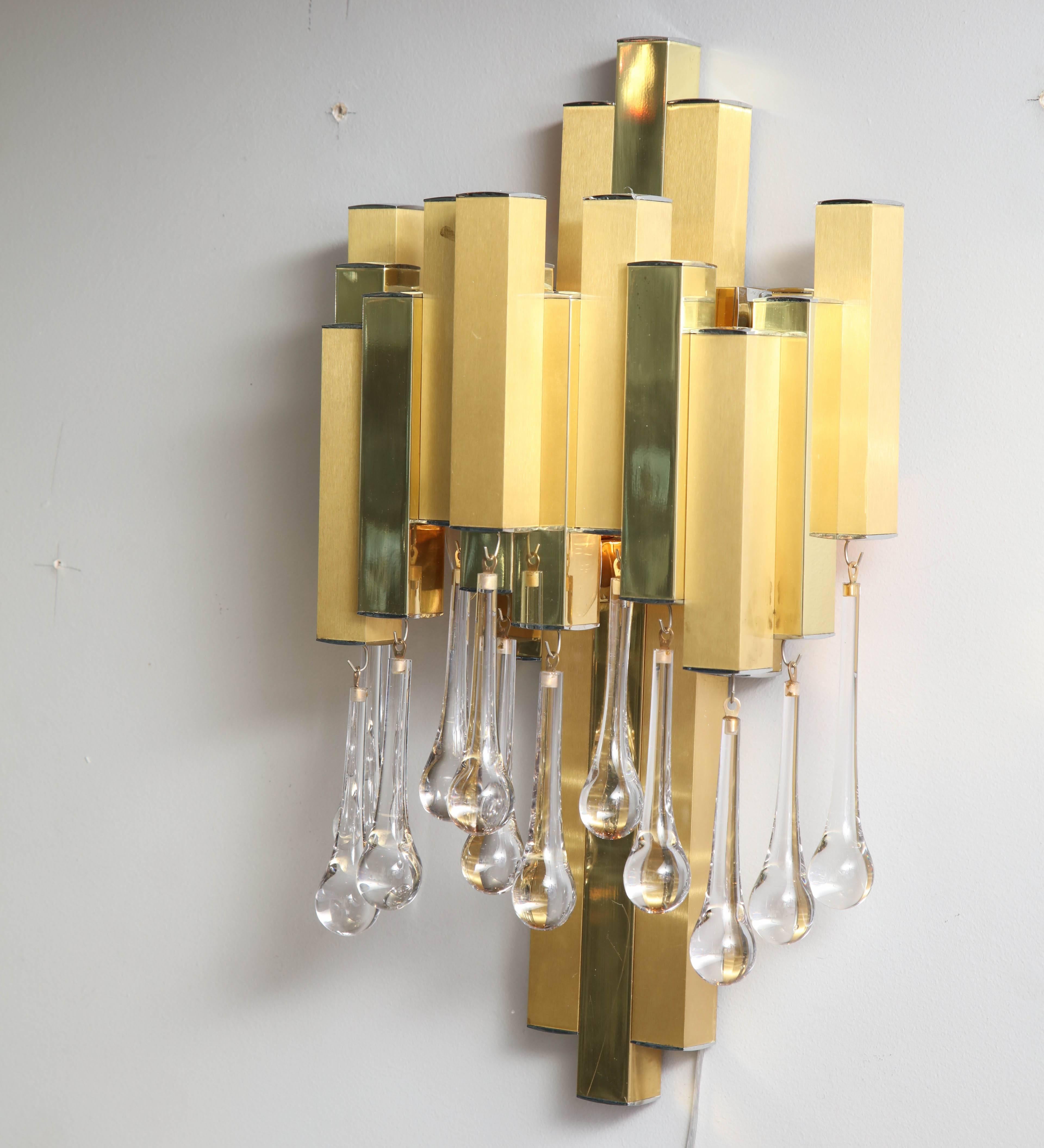Italian Willy Rizzo for BD Lumica Pair of Brutalist Sconces with Glass Tear Drops For Sale