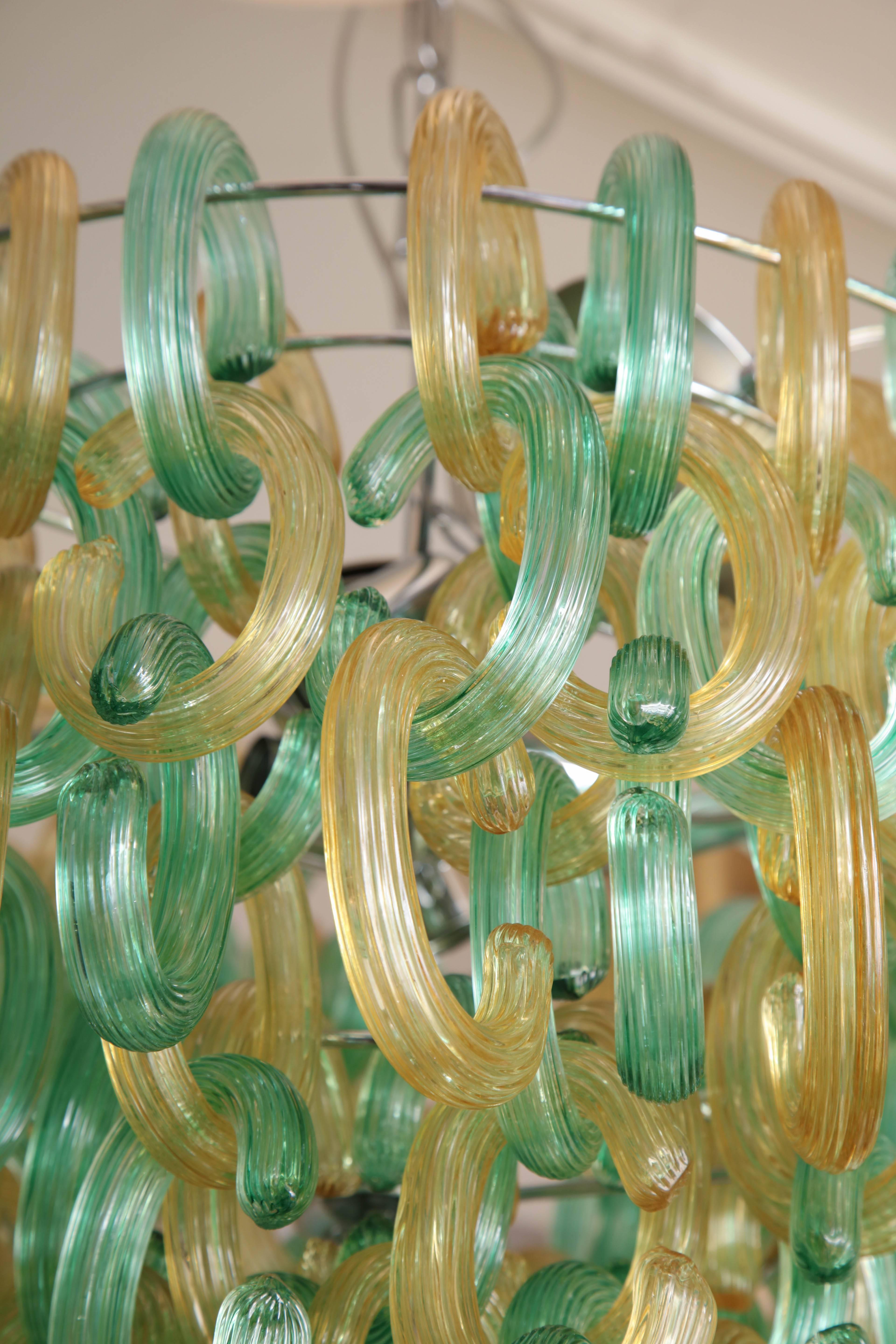 Italian Green and Gold Murano C-Link Glass Chandelier For Sale