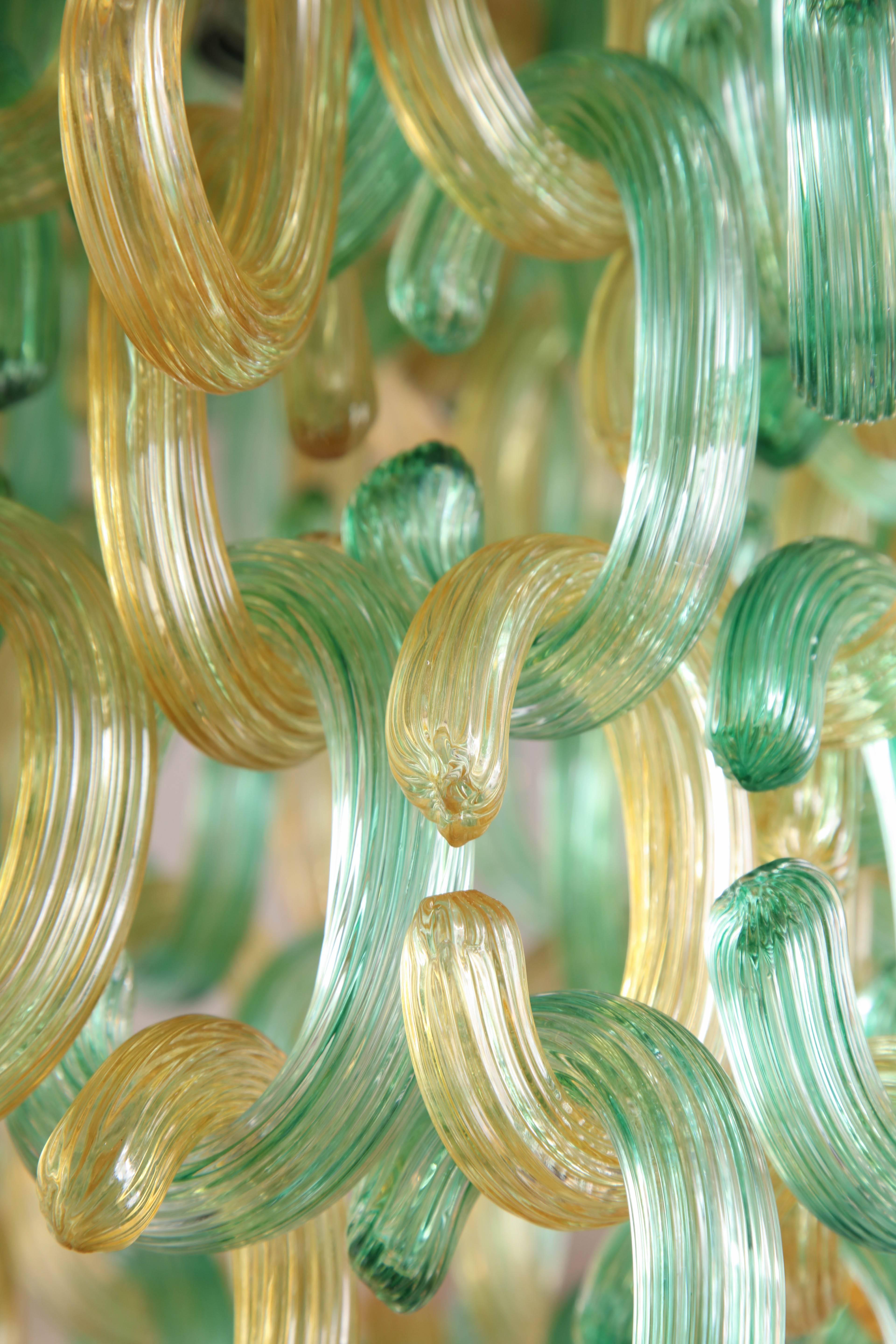 Murano Glass Green and Gold Murano C-Link Glass Chandelier For Sale