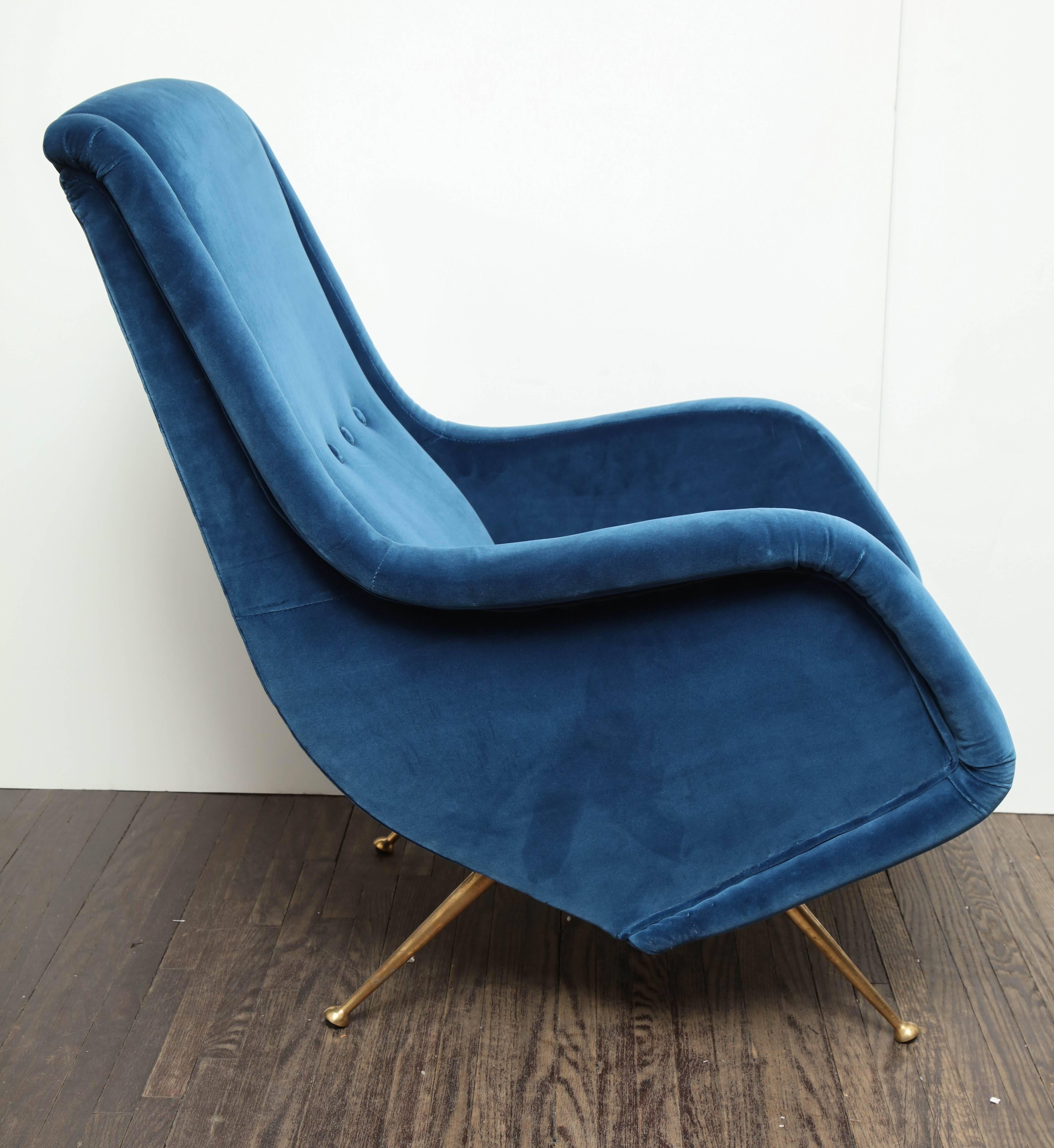 Pair of Parisi Vintage Italian club chairs upholstered in teal blue velvet.