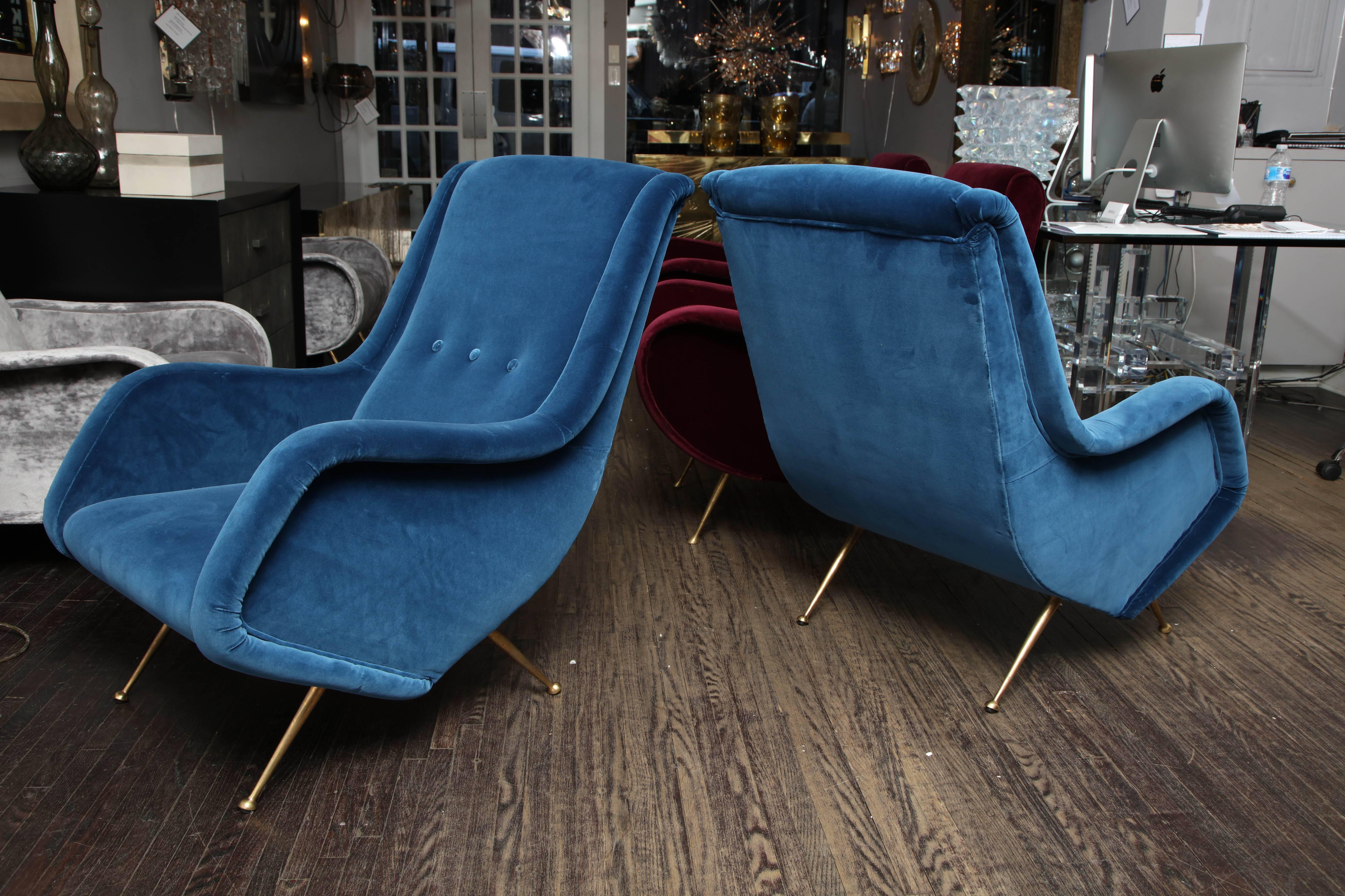 Mid-Century Modern Pair of Parisi Vintage Italian Club Chairs Upholstered in Teal Blue Velvet