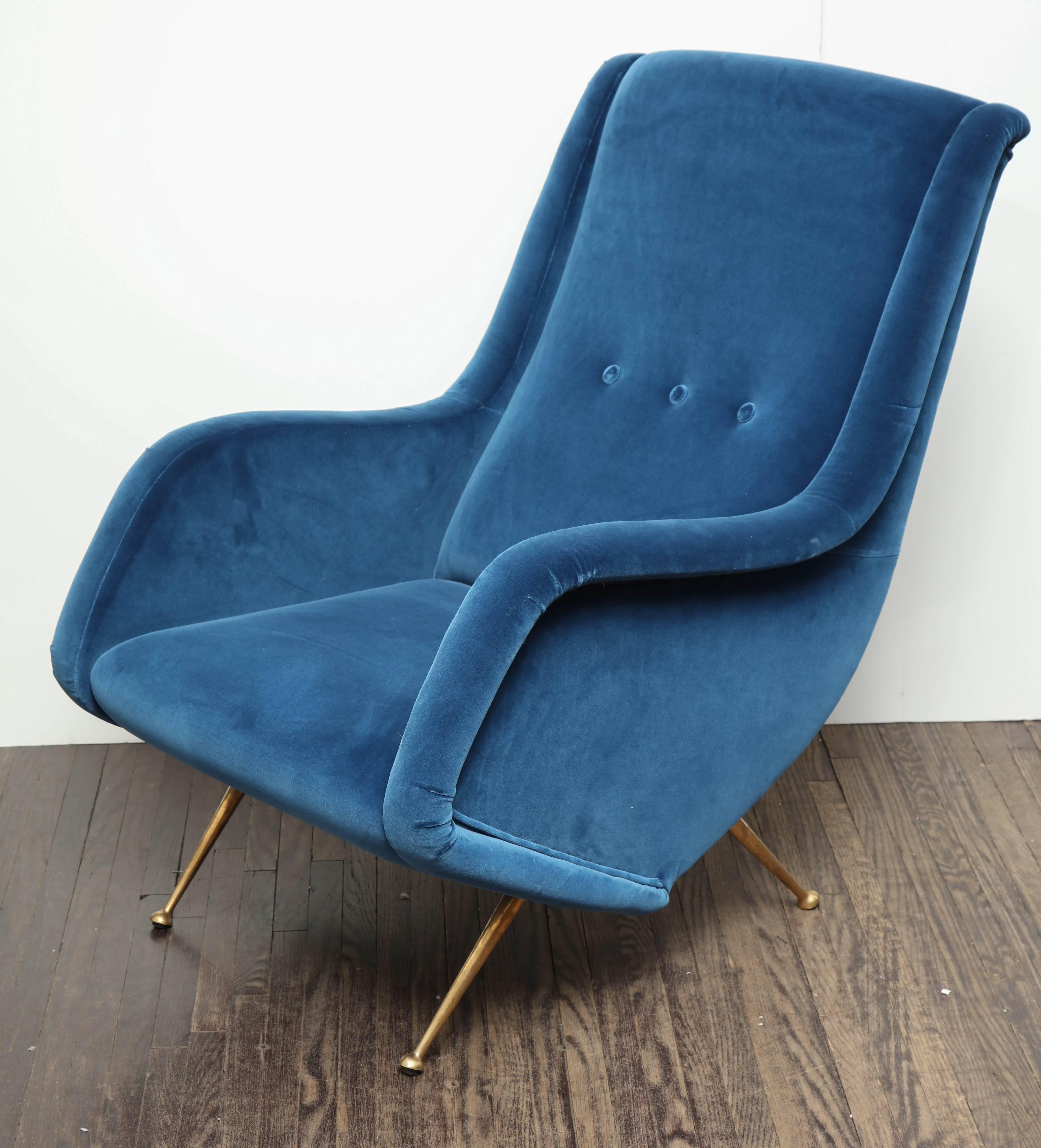 Pair of Parisi Vintage Italian Club Chairs Upholstered in Teal Blue Velvet 2