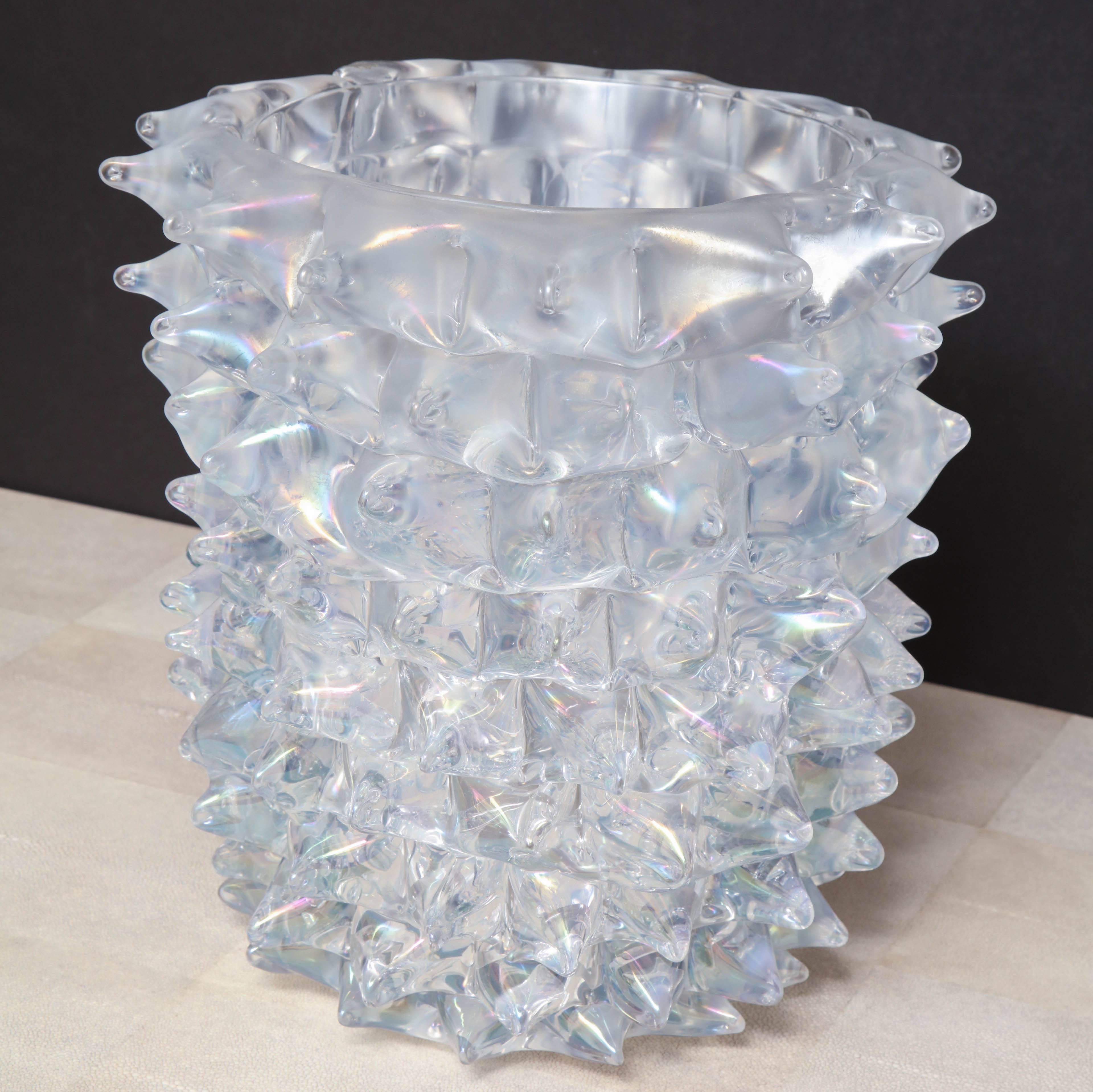 Mid-Century Modern Enormous Signed Sinoretto Murano Iridescent Clear Glass Spiked Vase