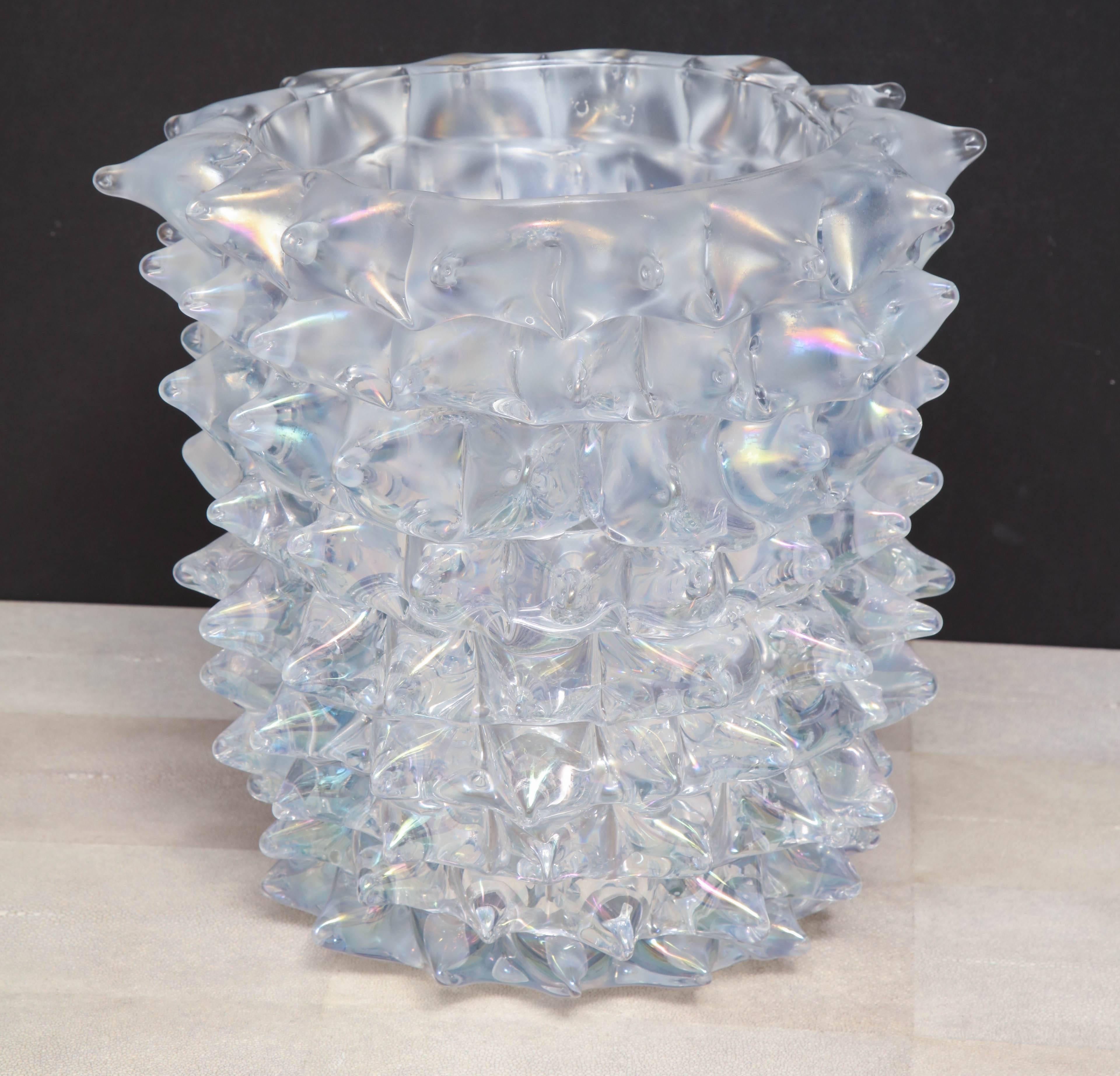 Contemporary Enormous Signed Sinoretto Murano Iridescent Clear Glass Spiked Vase