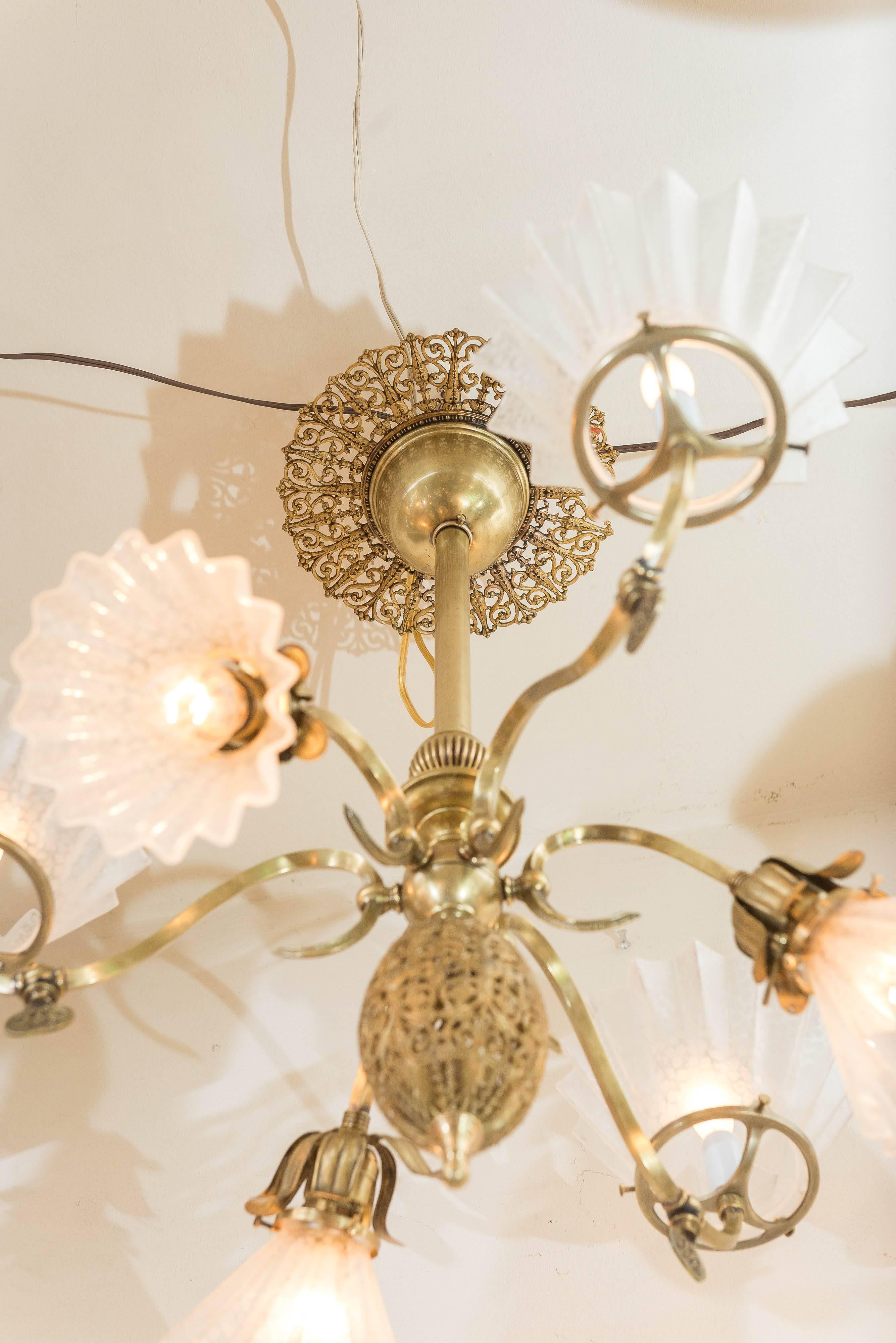 Late Victorian Combination Gas and Electric Six-Arm Chandelier In Excellent Condition In Petaluma, CA