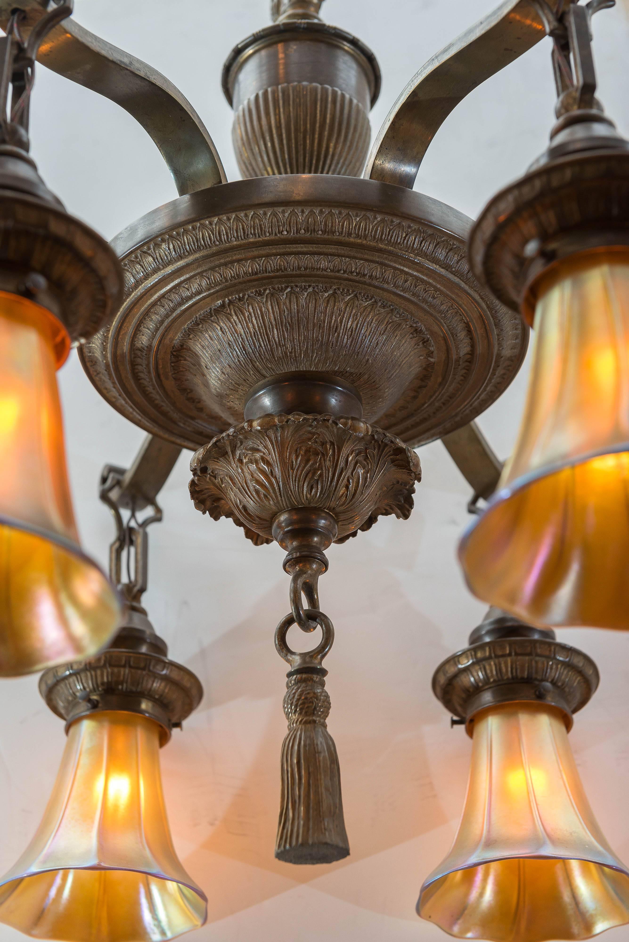 Early 20th Century Edwardian Six-Arm Chandelier with Art Glass Shades