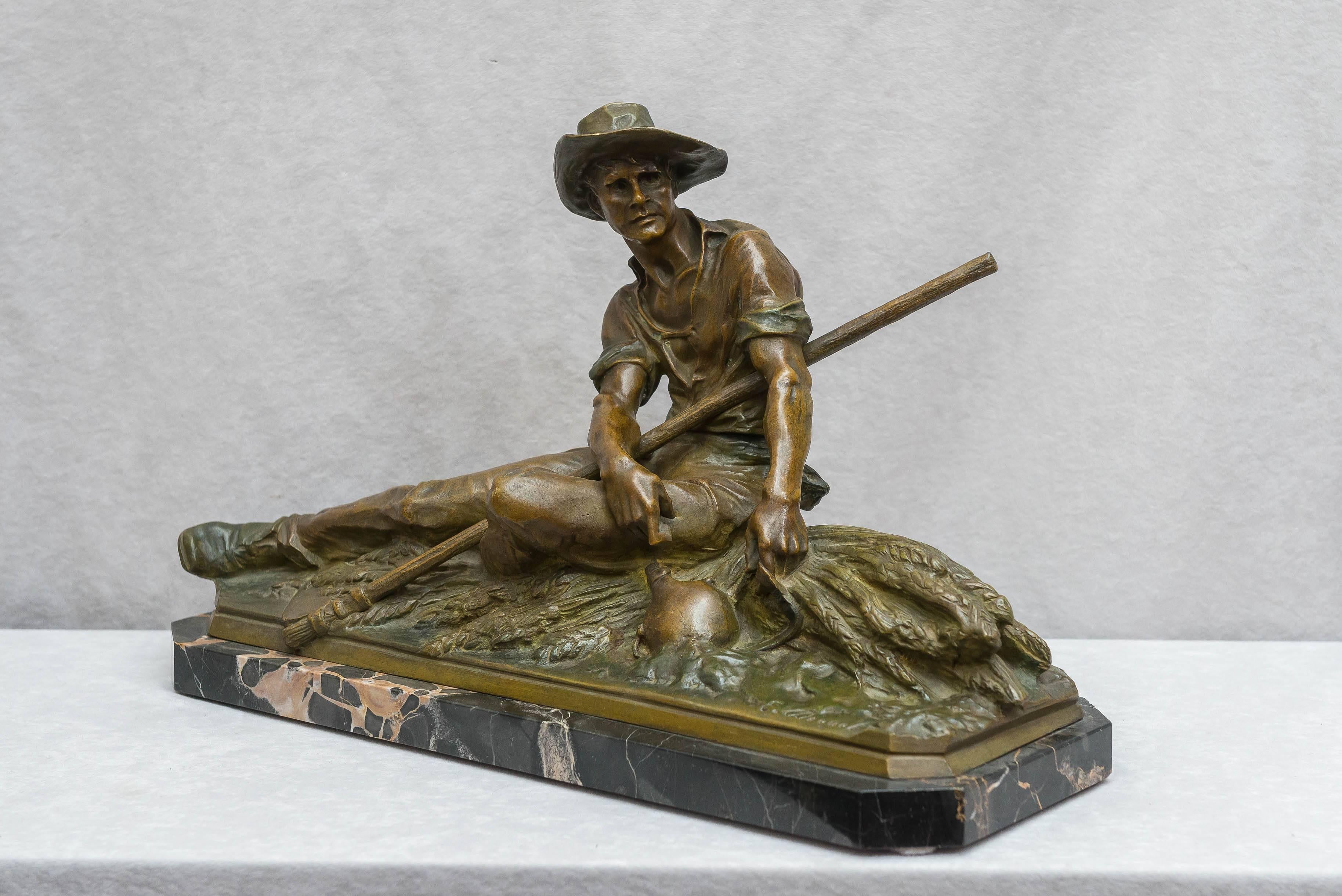 19th Century Bronze Figure of Handsome Farmer, Signed by the French Artist Drouot