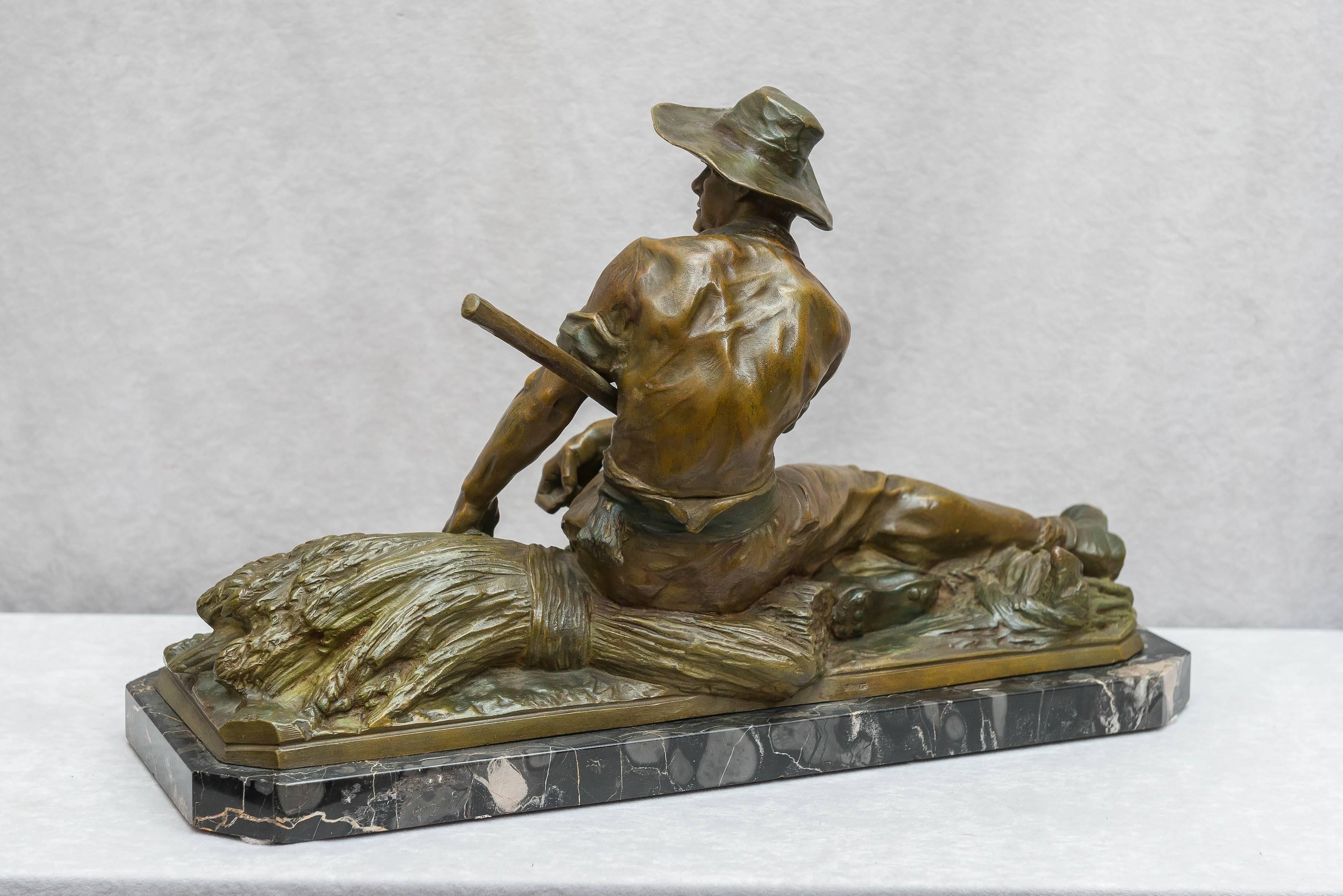 Bronze Figure of Handsome Farmer, Signed by the French Artist Drouot 1