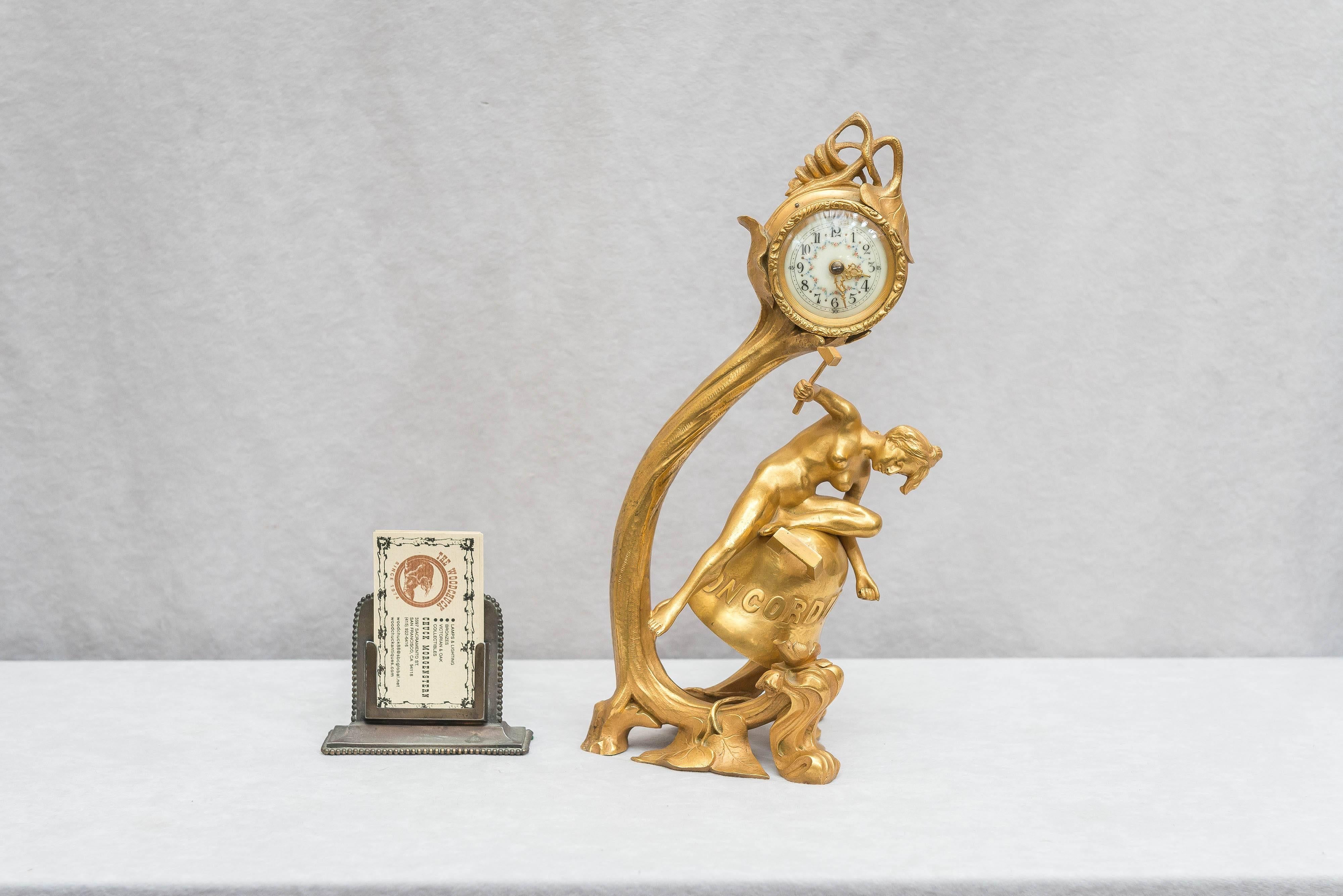If you love art nouveau as much as we do, this clock should really appeal to you. From front to back it shows off the grace and beauty of the art nouveau movement. Normally the gilding is either worn, or has turned black. The gilding here is in