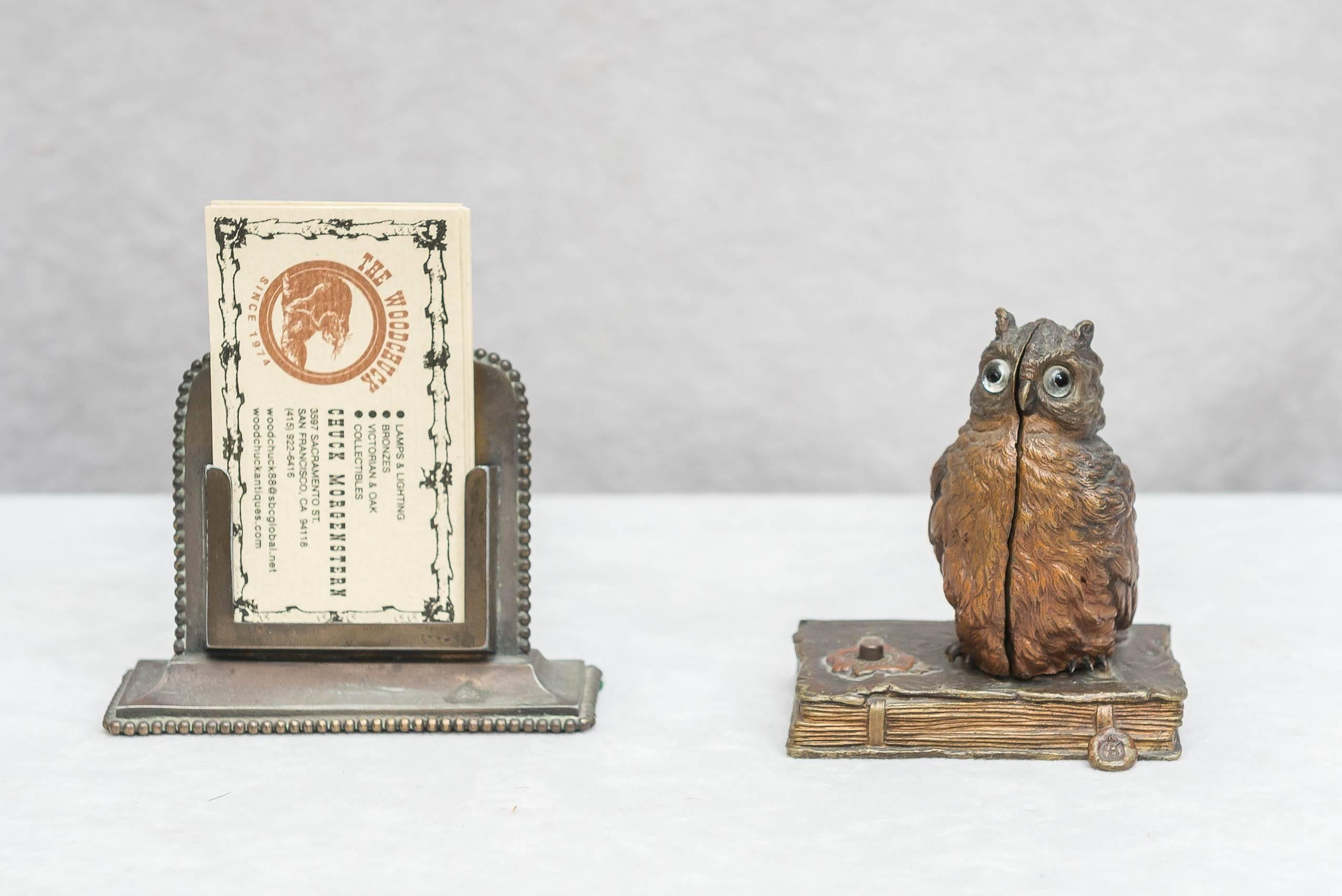 Of all the Vienna bronze one of the most sought after are these mechanical bronzes. Just press the button and the owl opens up to display a nude girl. Signed Nam Greb, on the side of the book, which was Bergmann's way of having fun by spelling his