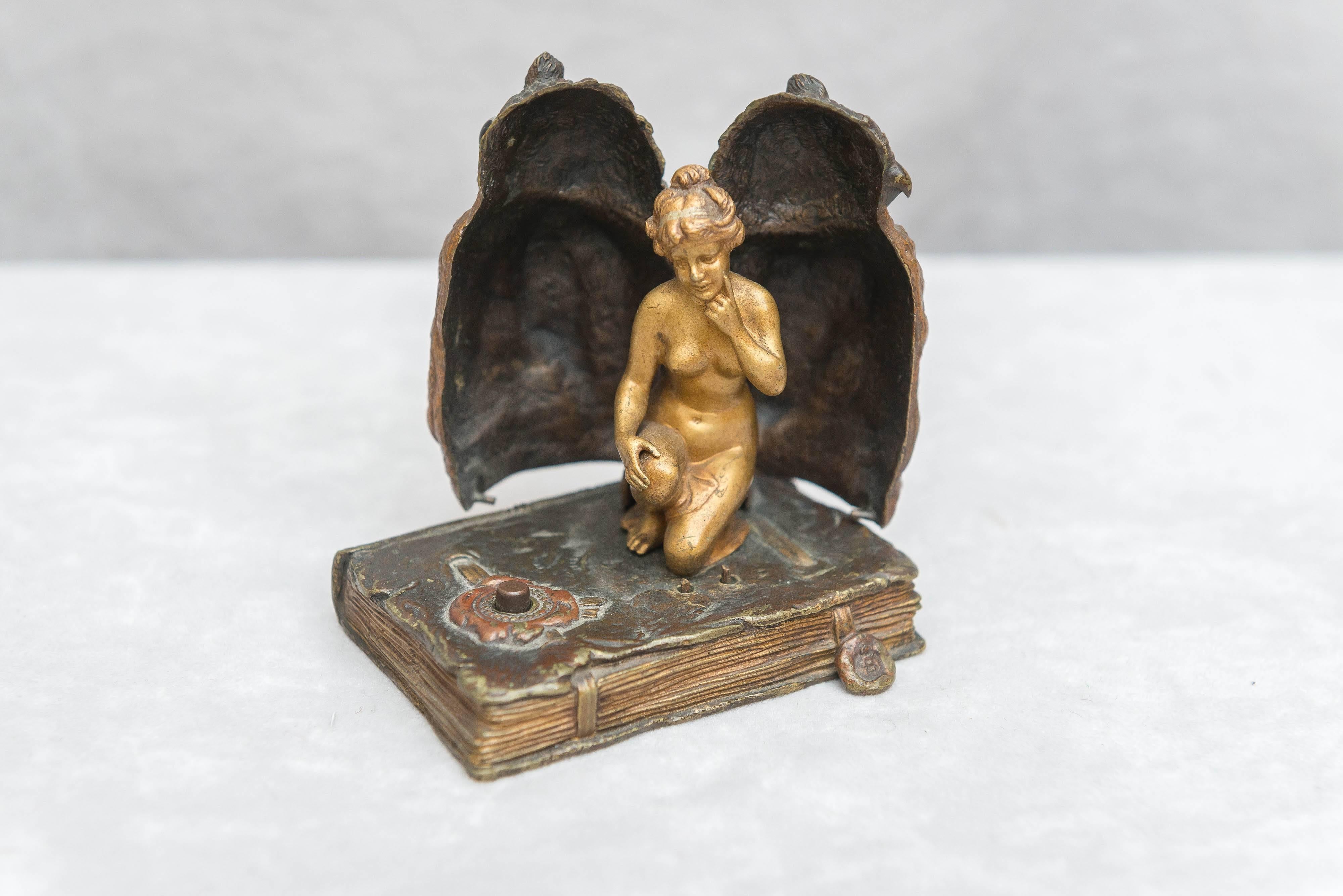 Art Nouveau Vienna Bronze Mechanical Naughty Bronze, Owl and Nude, by Signed Bergmann