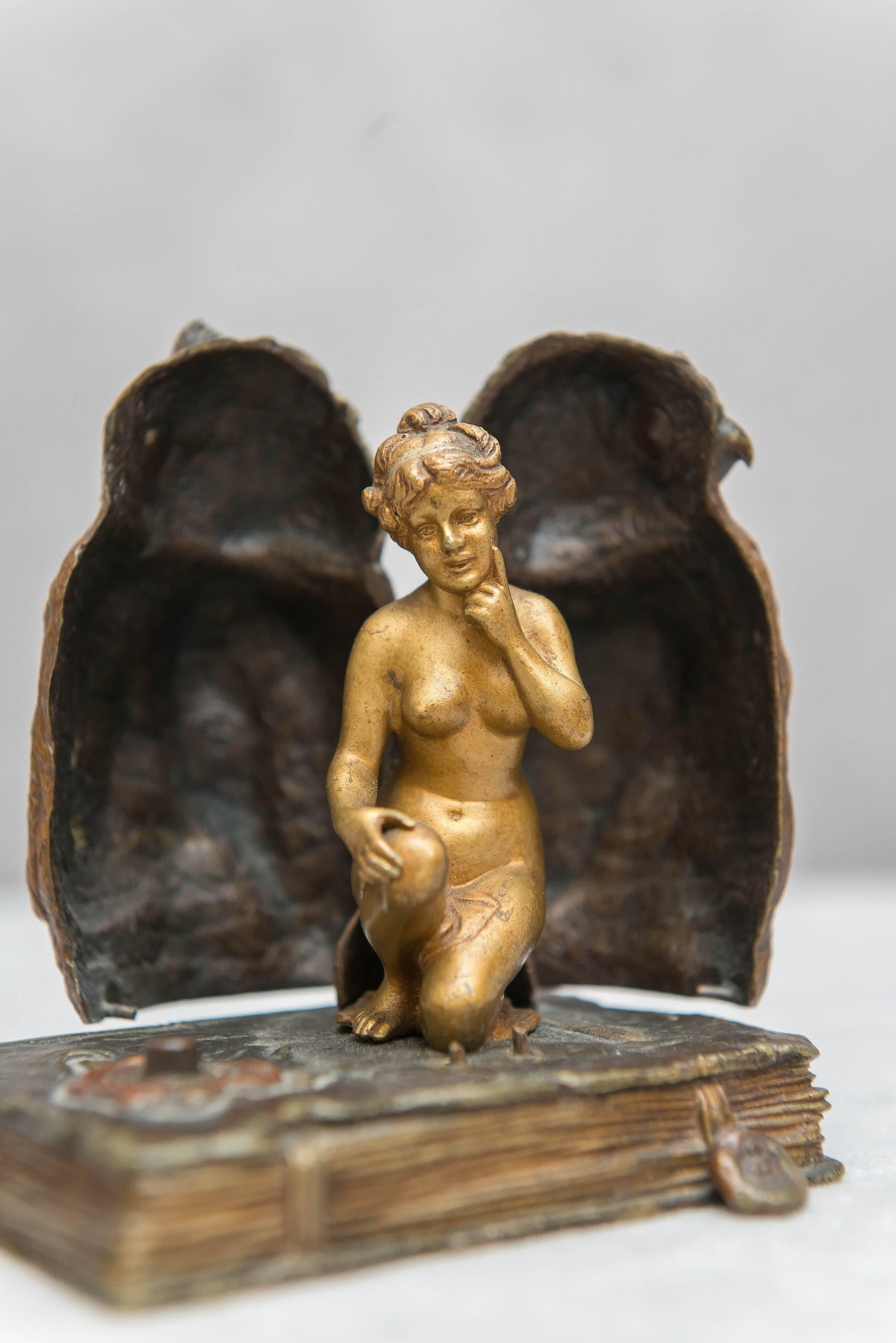 Vienna Bronze Mechanical Naughty Bronze, Owl and Nude, by Signed Bergmann In Excellent Condition In Petaluma, CA