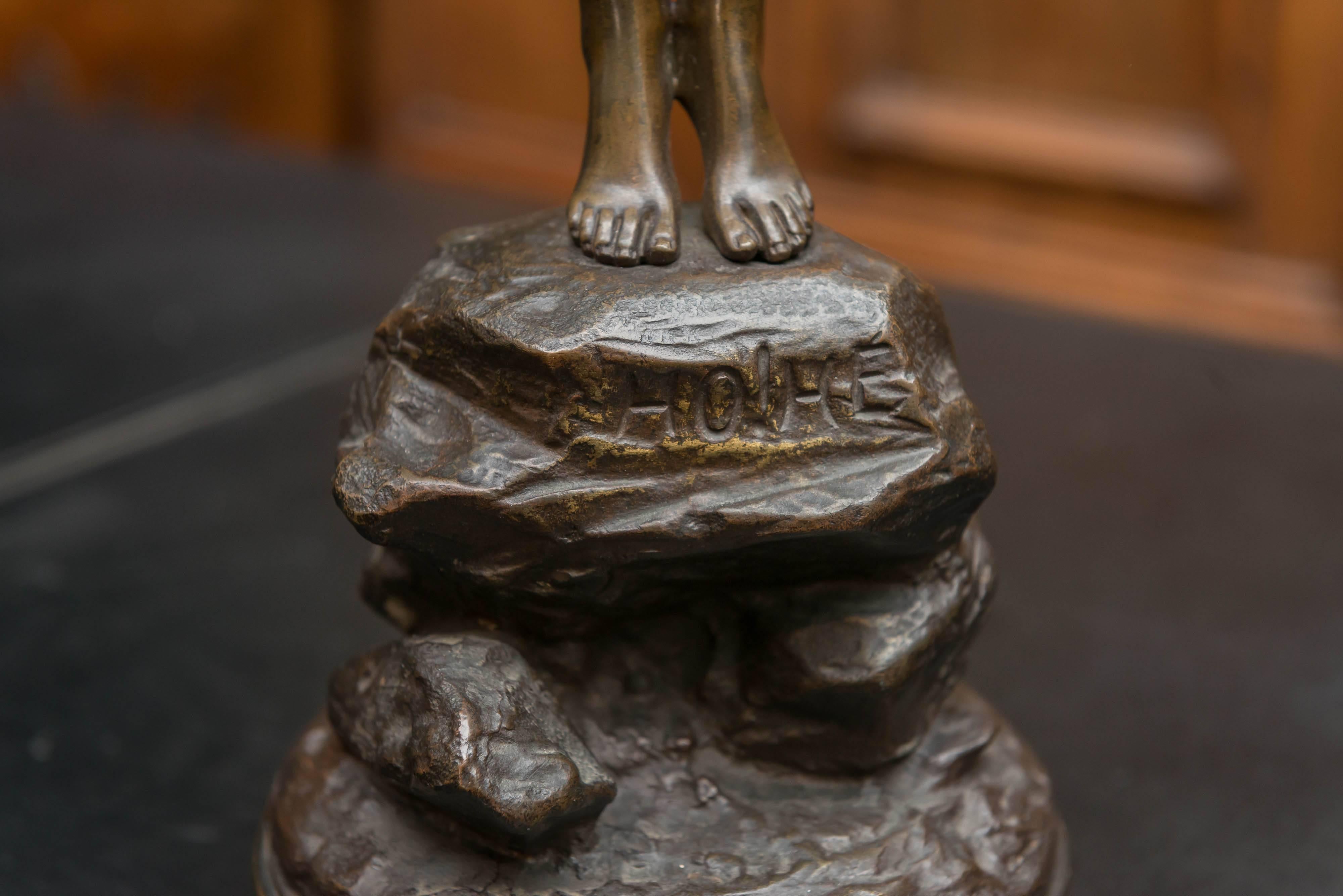 19th century Art Nouveau bronze sculpture of a female adventurer titled 