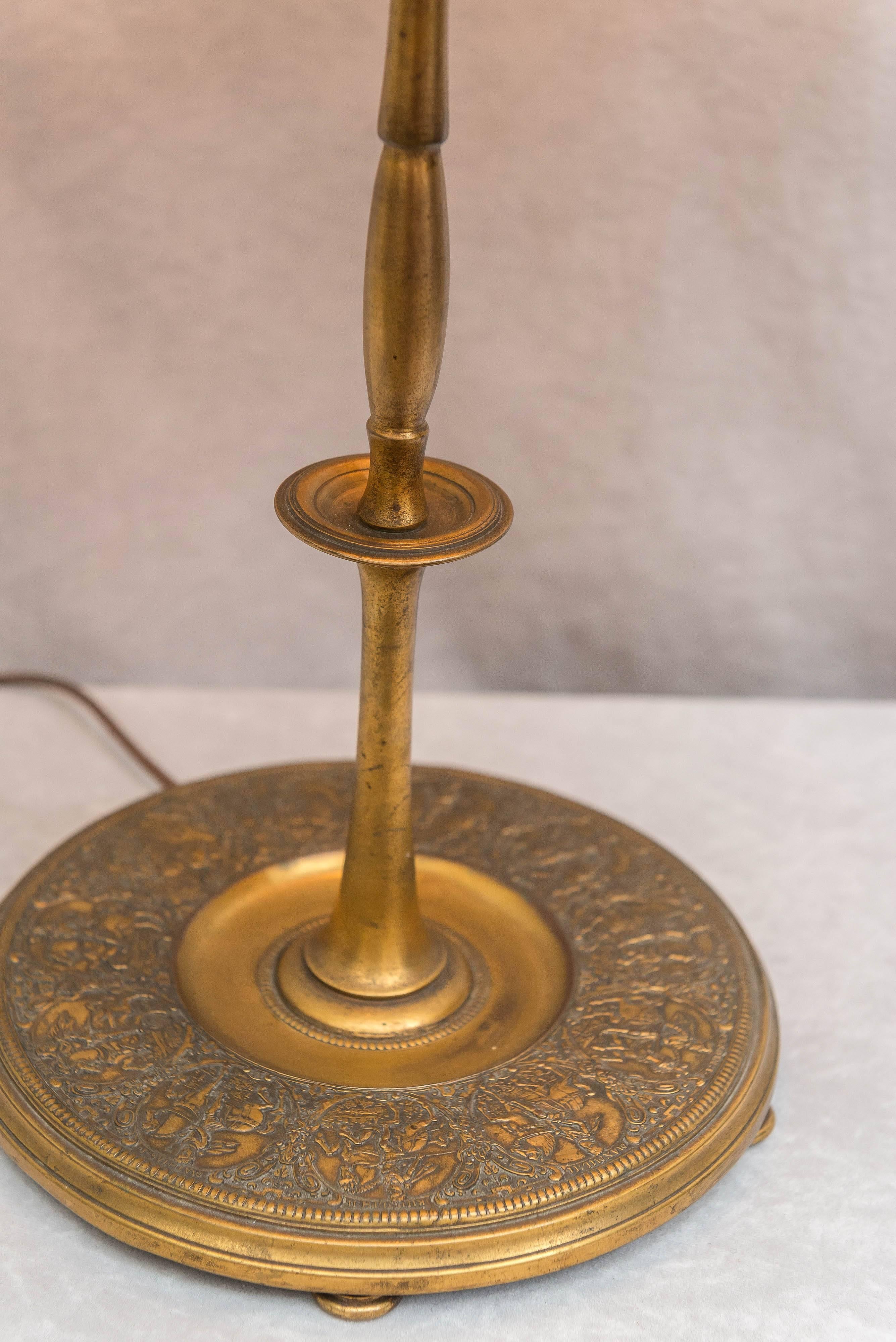 Gilt Bronze Lamp Base with Period Mica Shade In Good Condition In Petaluma, CA
