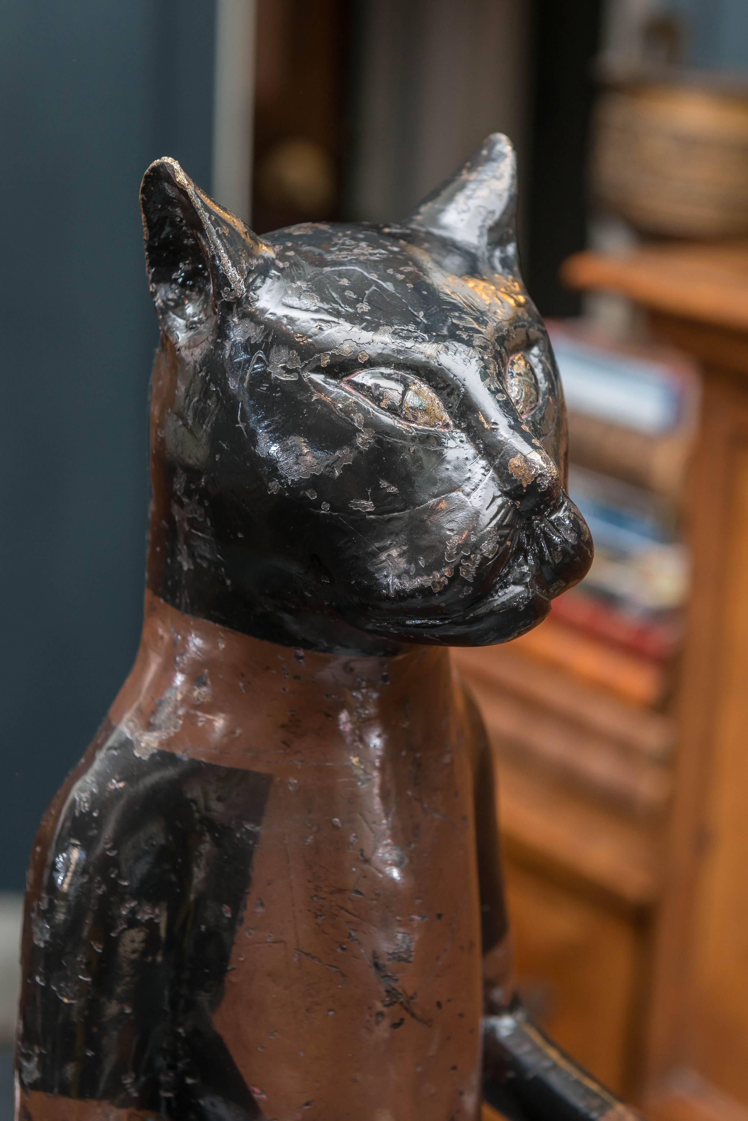 Early 20th Century Cast Brass Standing Cat With Old Paint Decoration 1