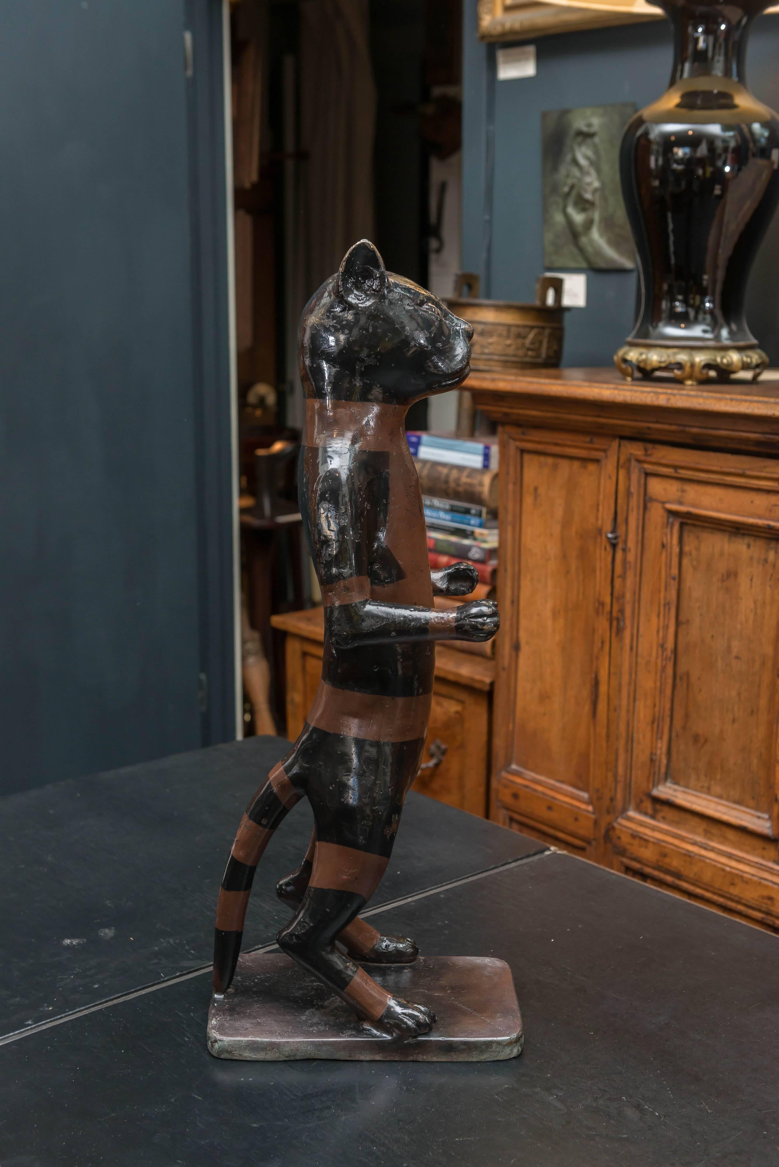 Early 20th Century Cast Brass Standing Cat With Old Paint Decoration 2