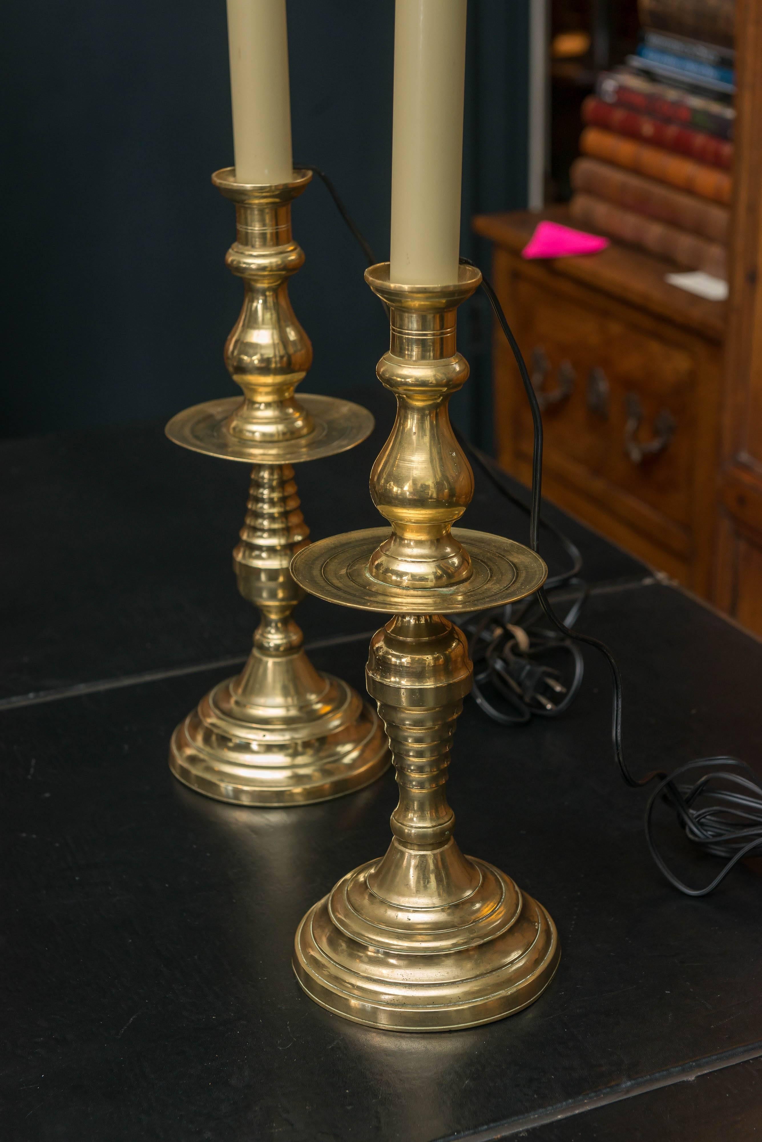 Hand-Crafted Pair of Late 19th Century Large Scale English Brass Candlestick Lamps 