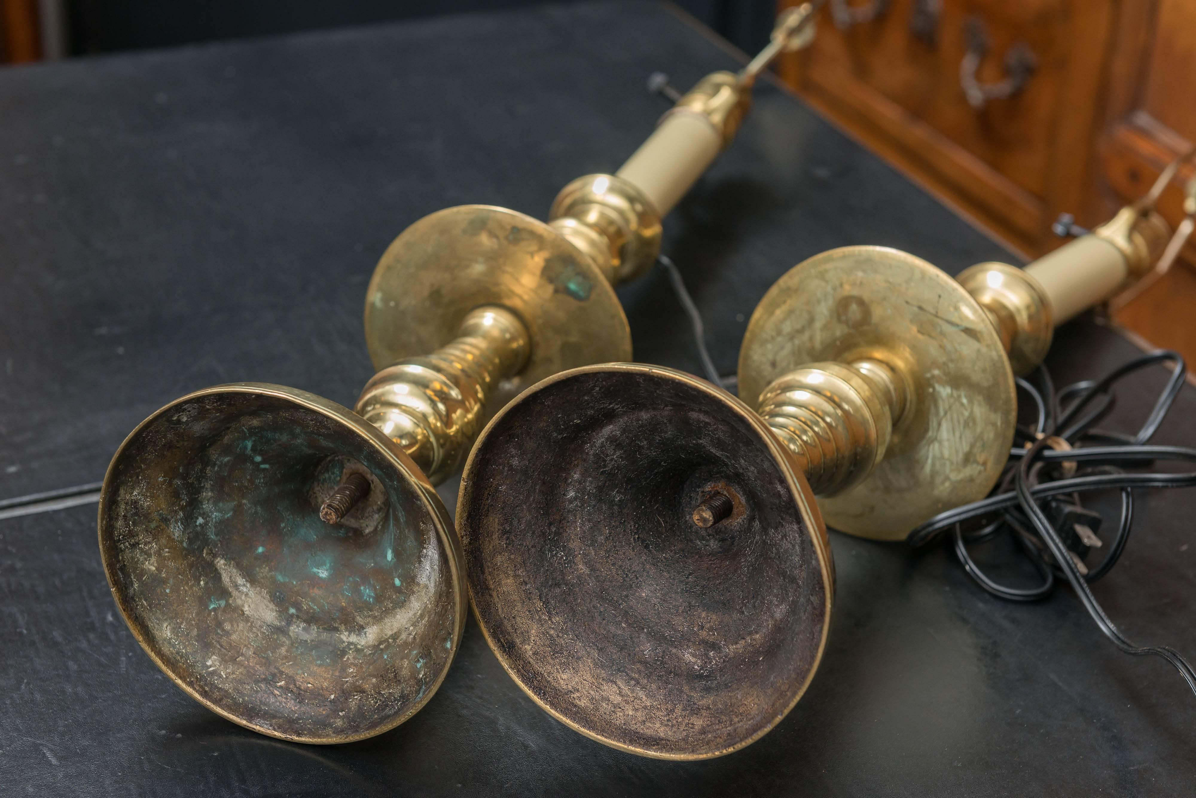Pair of Late 19th Century Large Scale English Brass Candlestick Lamps  In Good Condition In San Francisco, CA