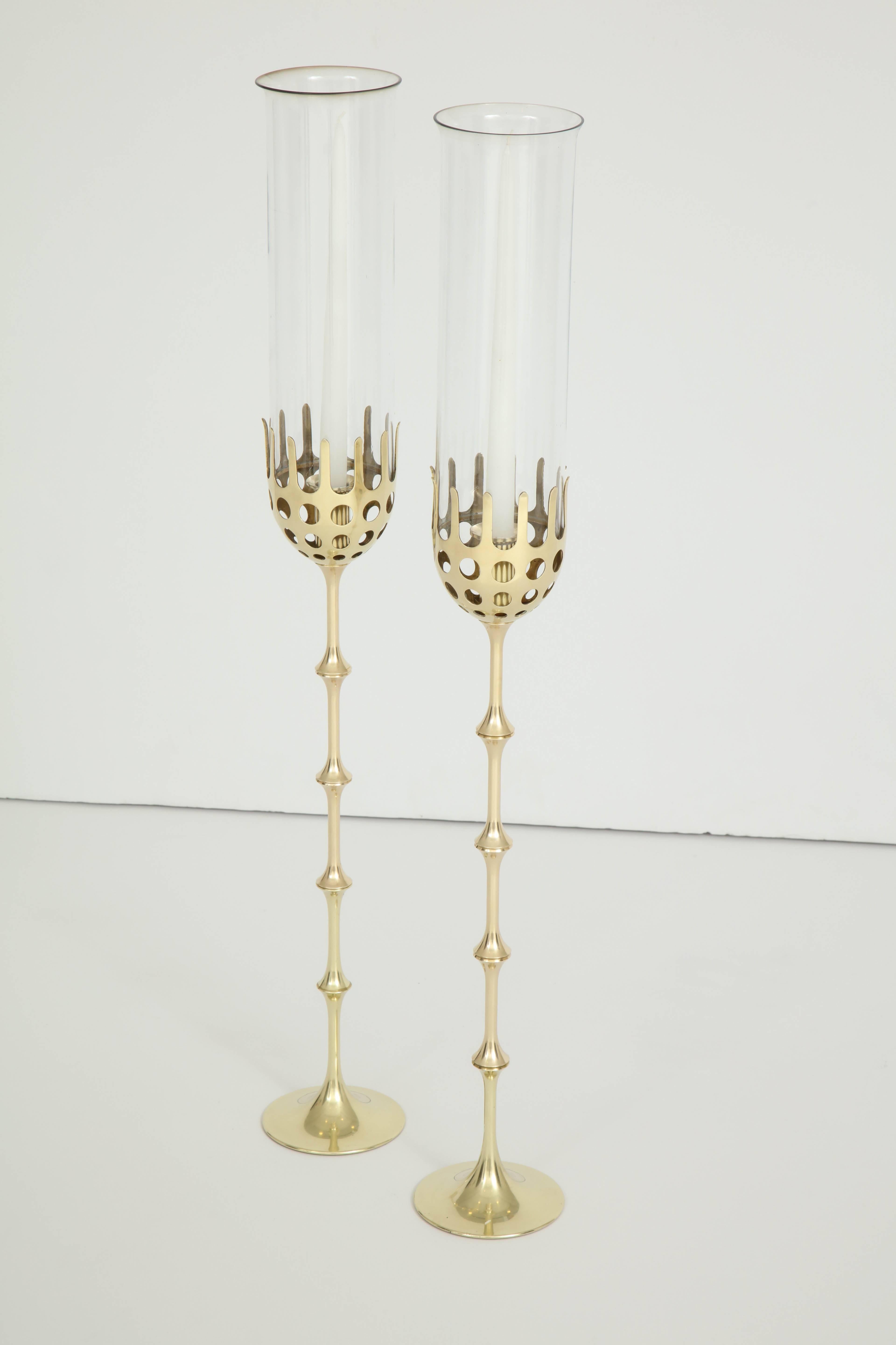 Danish Pair of Bjorn Wiinblad Brass and Glass Candlesticks, circa 1980s