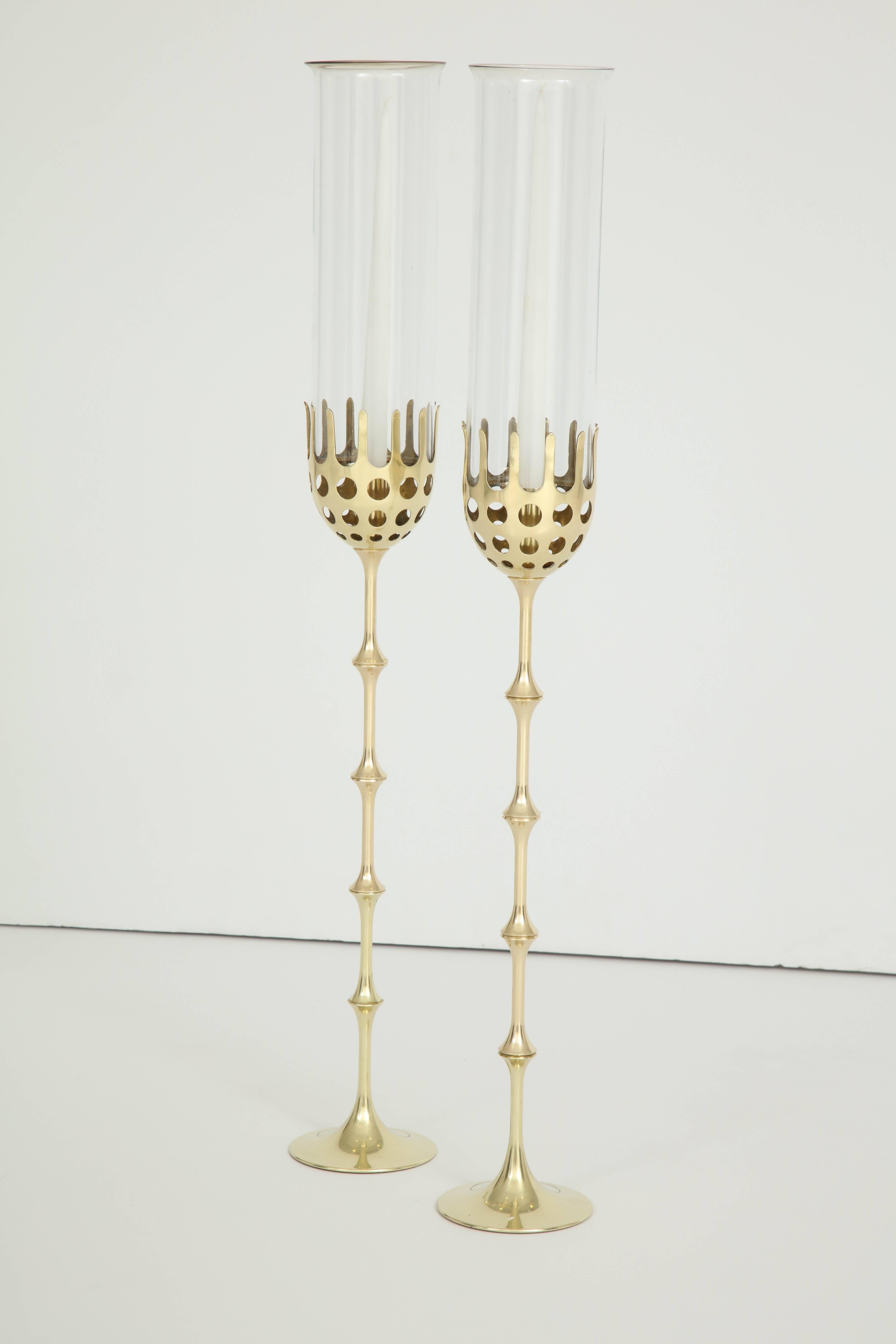 Pair of Bjorn Wiinblad Brass and Glass Candlesticks, circa 1980s In Excellent Condition In New York, NY