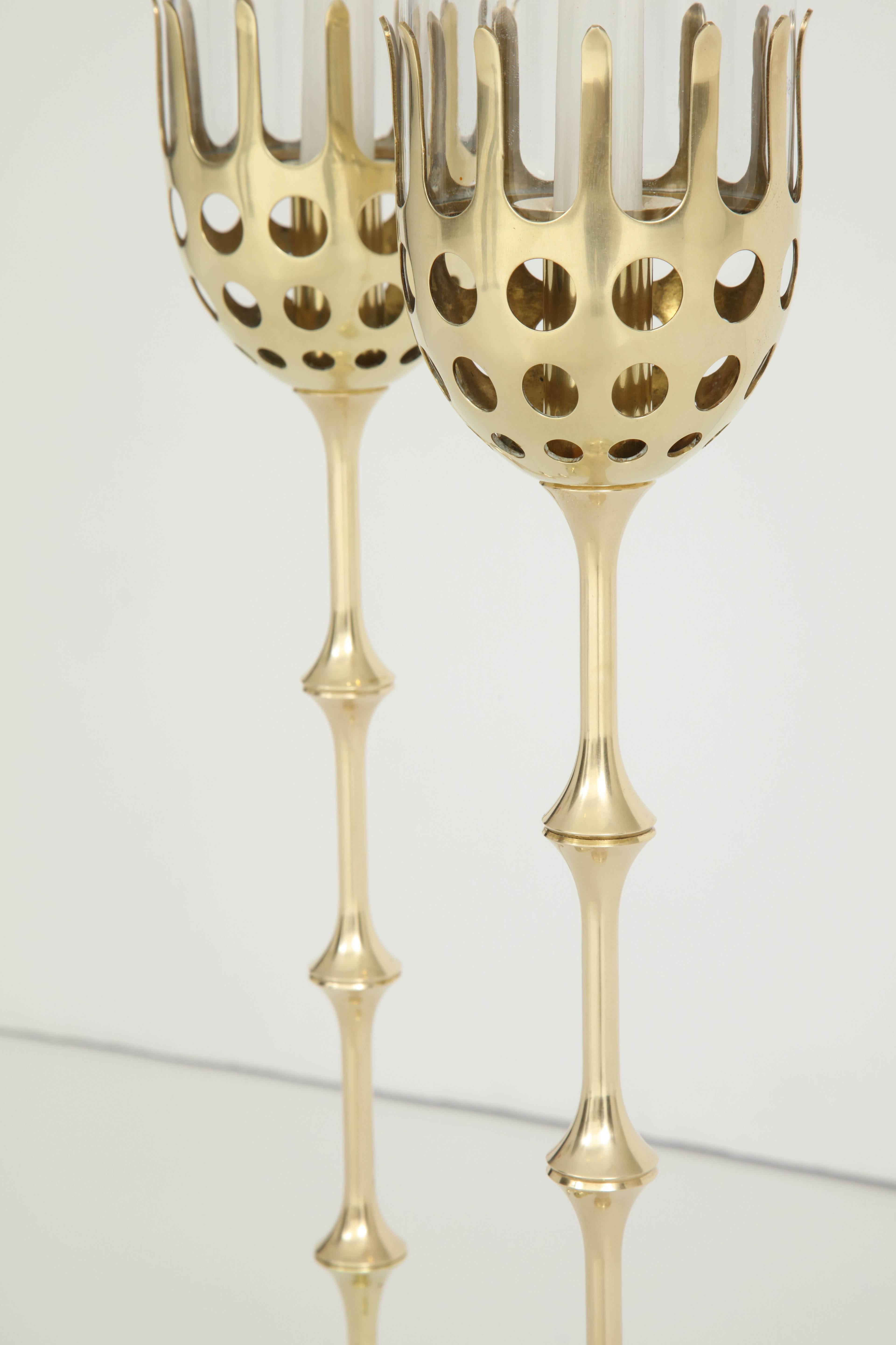 Pair of Bjorn Wiinblad Brass and Glass Candlesticks, circa 1980s 1