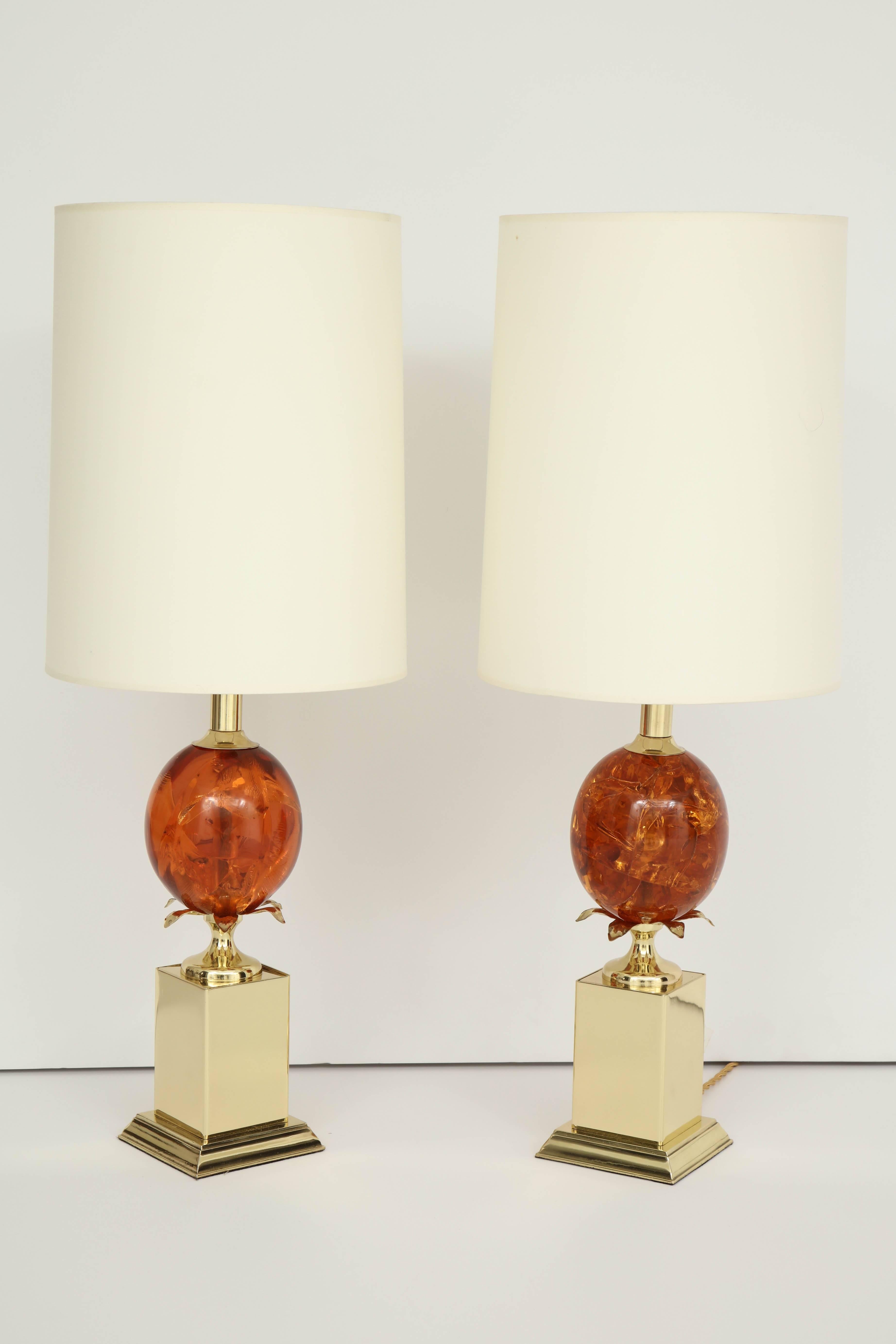 French Pair of Amber Colored Resin Lamps  For Sale