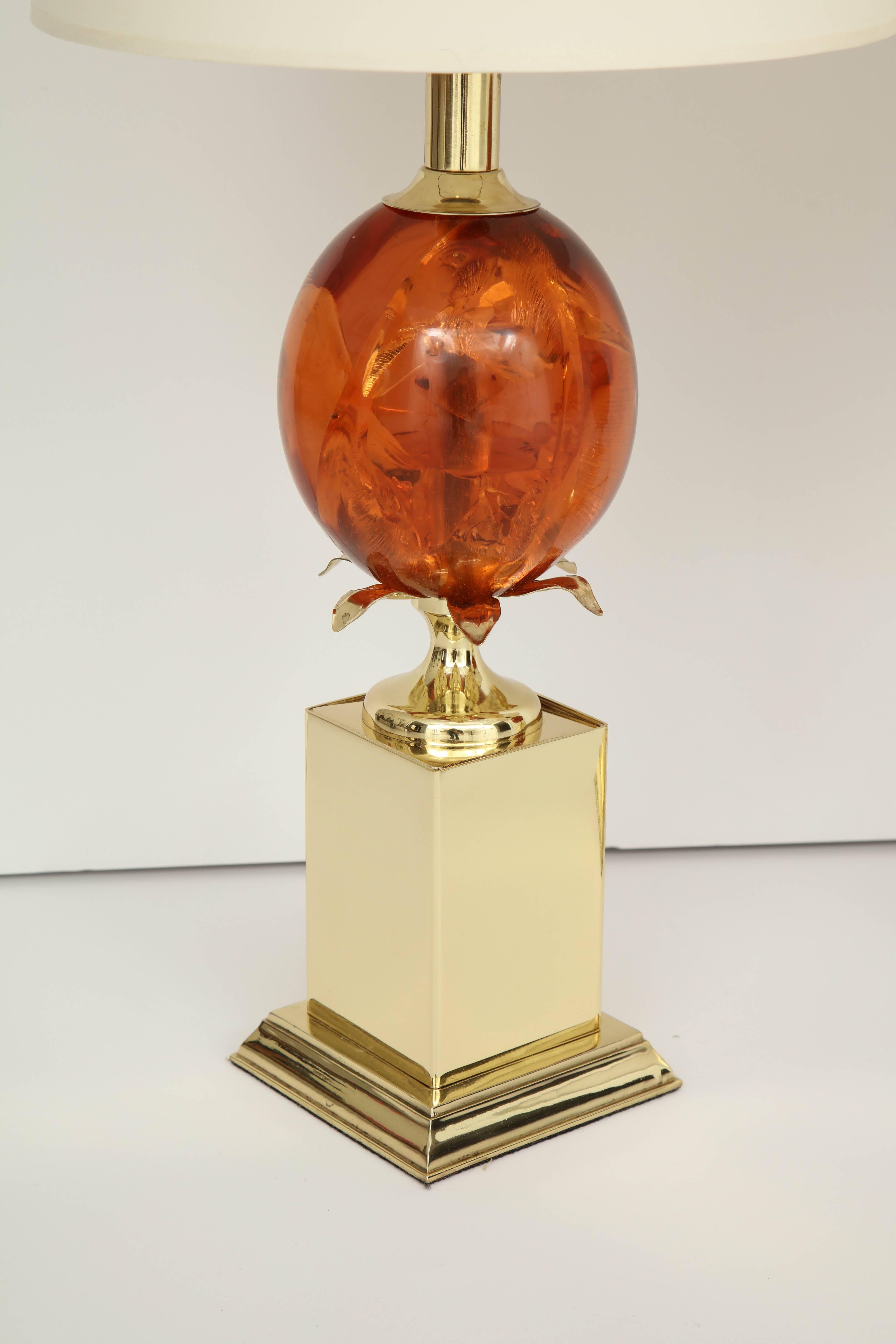 Pair of Amber Colored Resin Lamps  In Good Condition For Sale In Mt. Kisco, NY