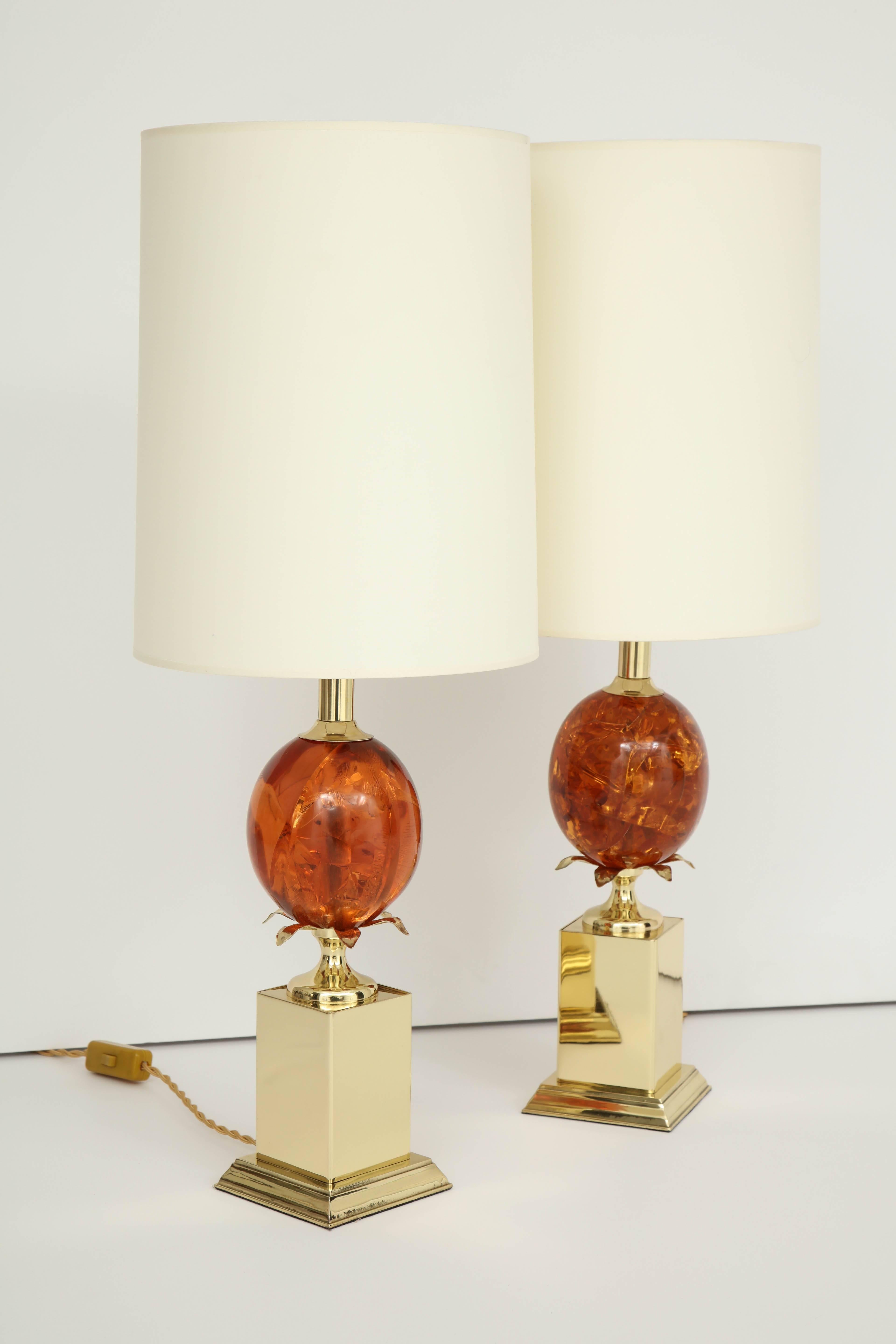 Mid-20th Century Pair of Amber Colored Resin Lamps  For Sale