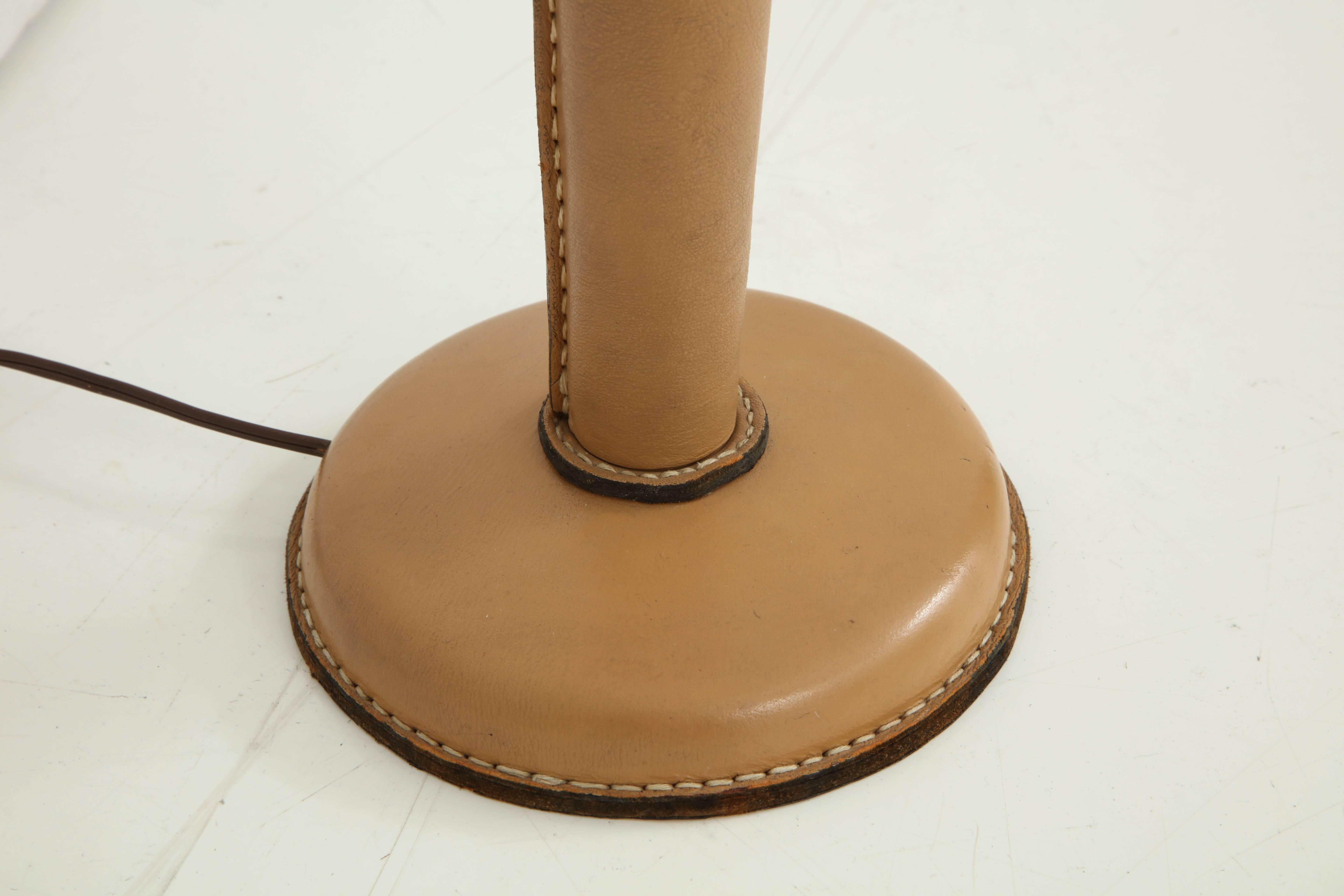 French Large Jacques Adnet Table Lamp in Stitched Leather