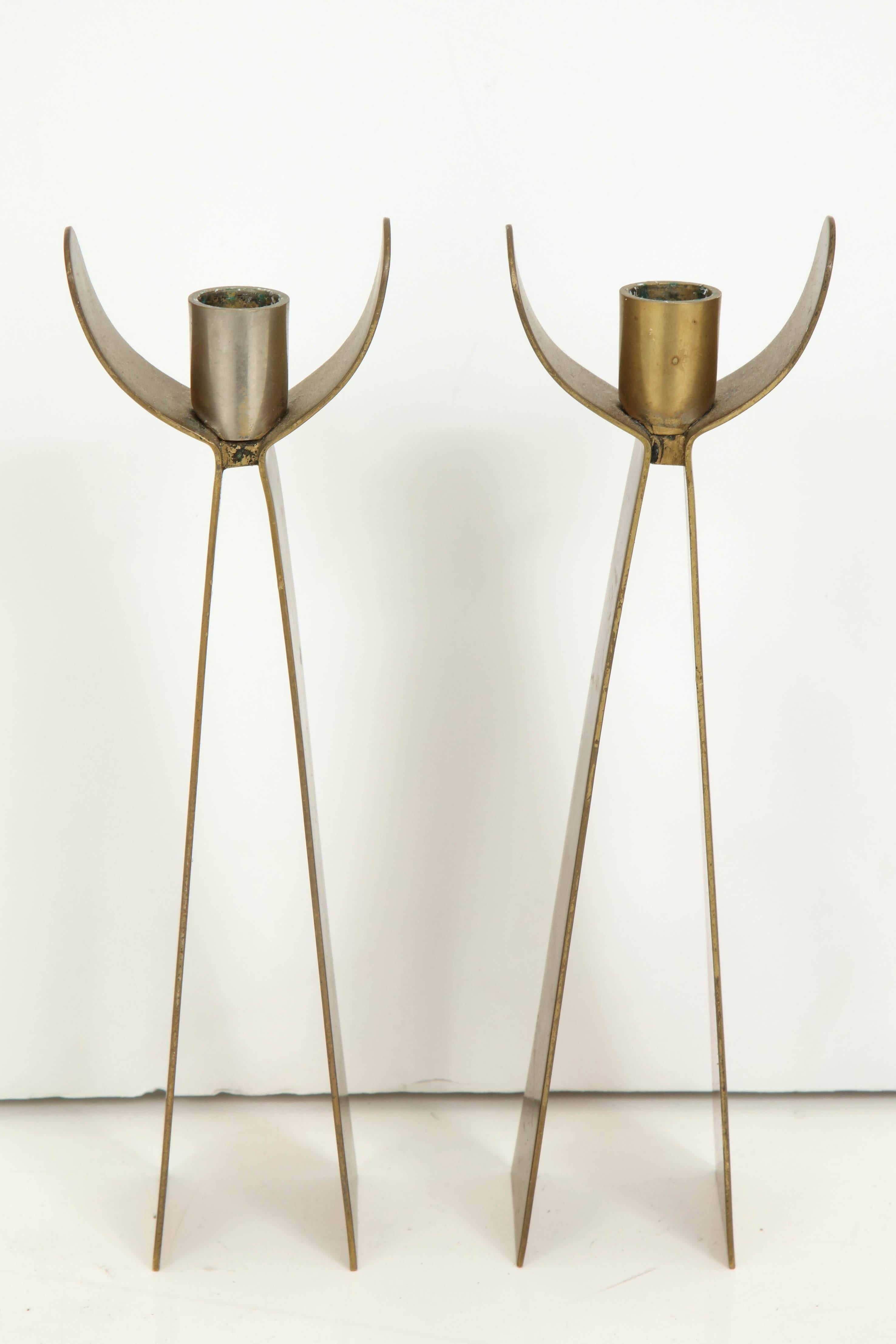 Mid-Century Modern Pair of Danish Brass Candleholders For Sale