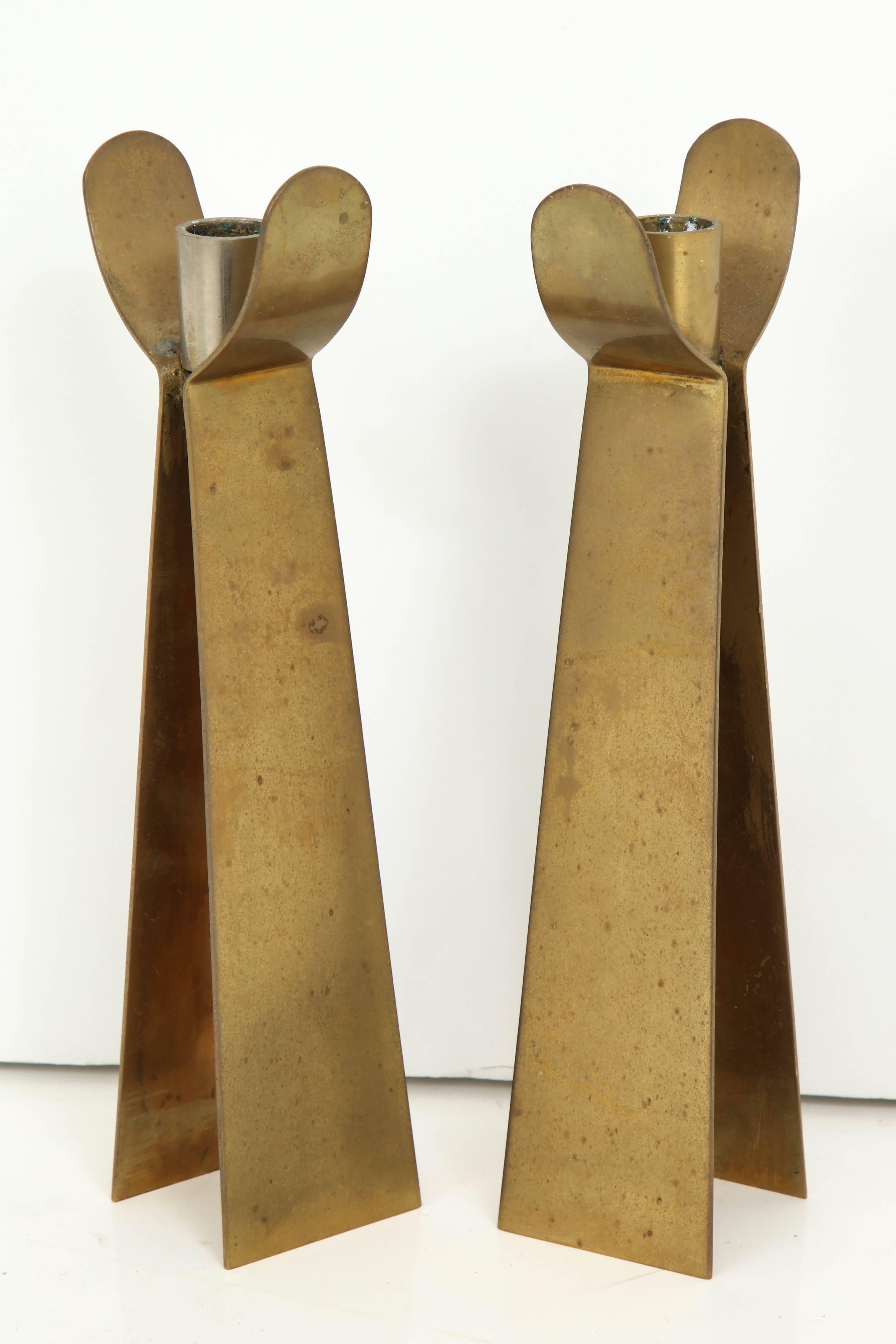 Pair of Danish Brass Candleholders In Good Condition For Sale In Newburgh, NY