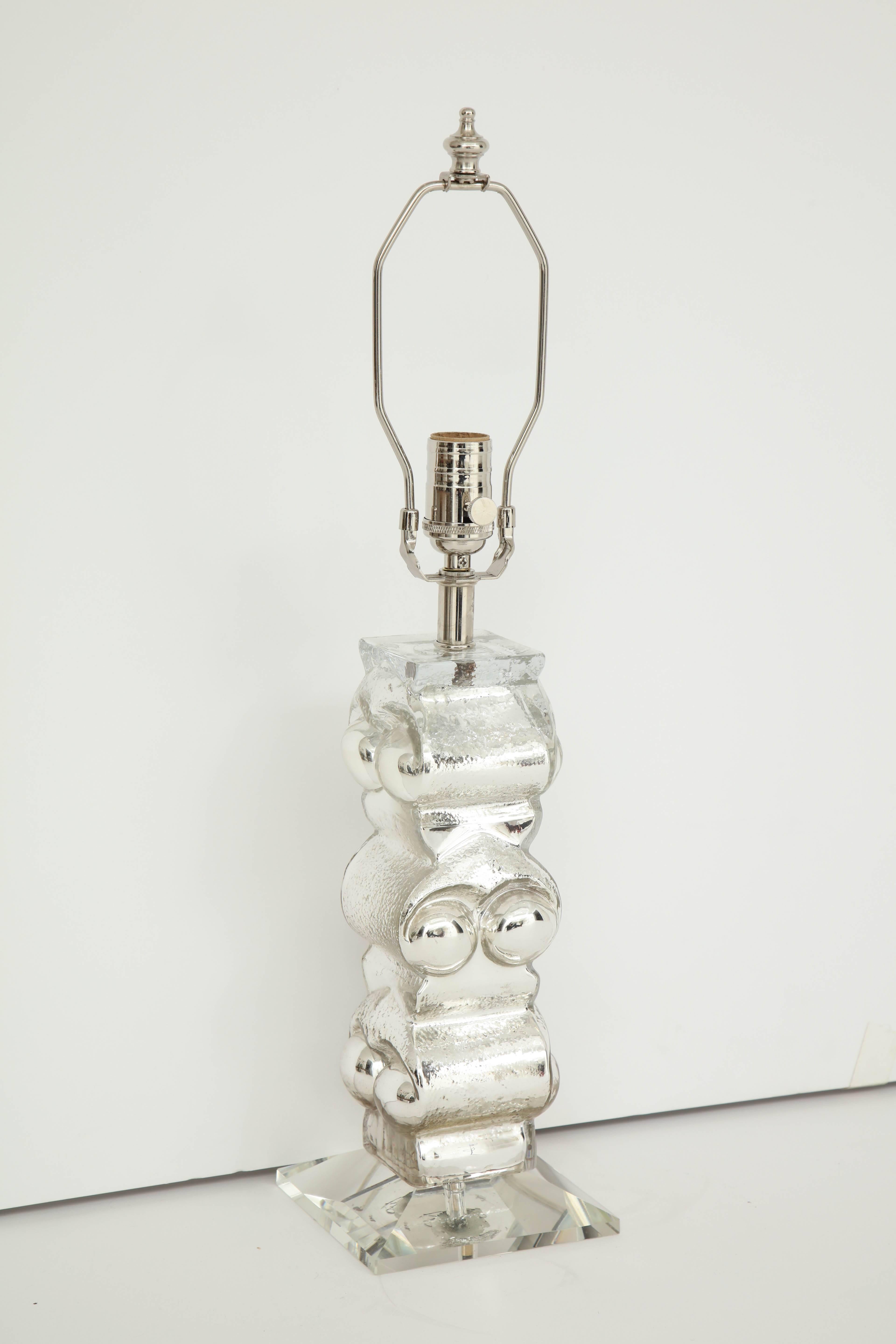 Swedish modern silver mercury glass totem lamps on clear crystal bases by Bengt Edenfalk for Skruf. Rewired for use in the USA with silver silk cord. 100W max bulb. Labelled.