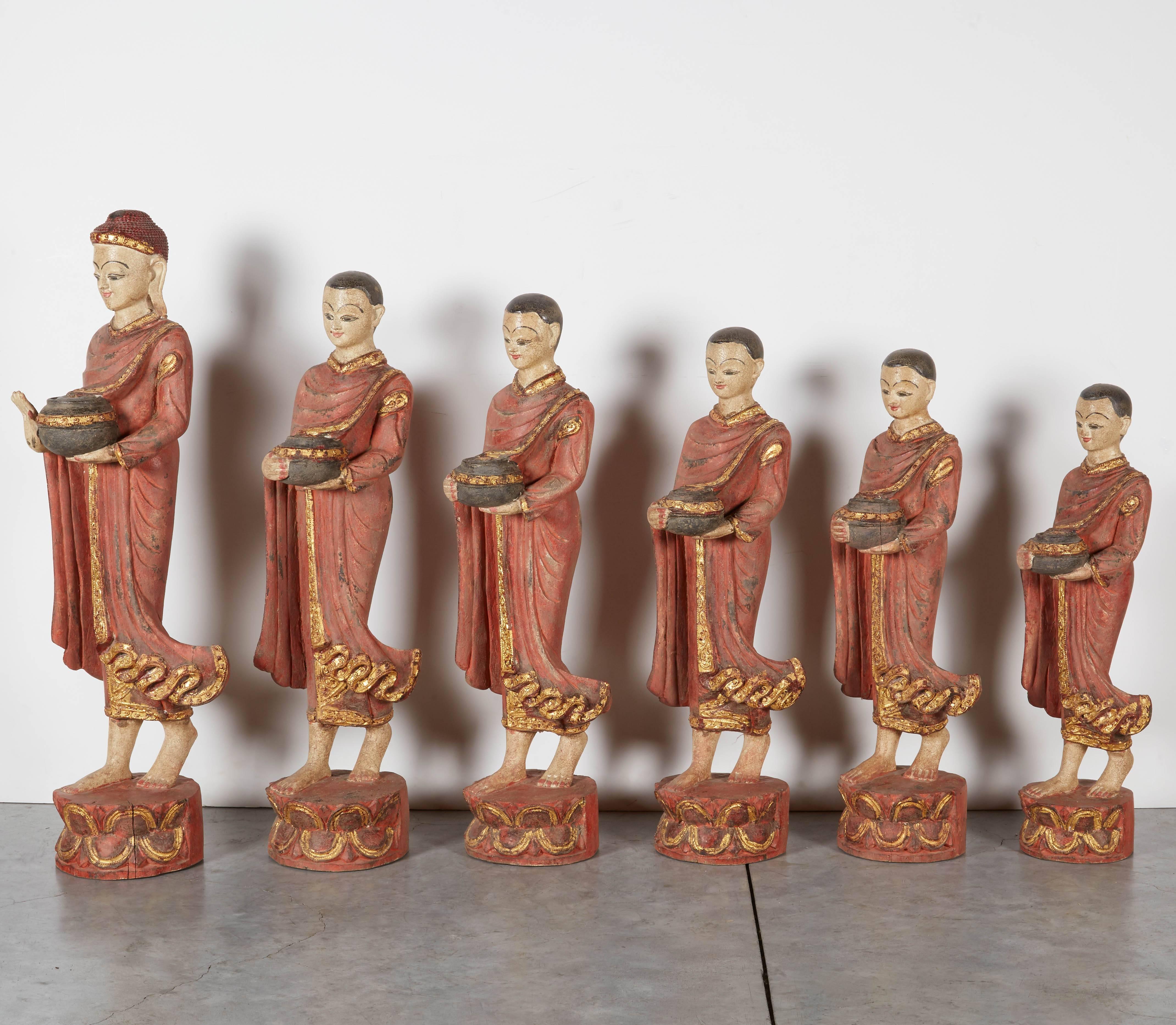 Finely Carved Complete Burmese Buddha and Monk Set In Good Condition For Sale In New York, NY