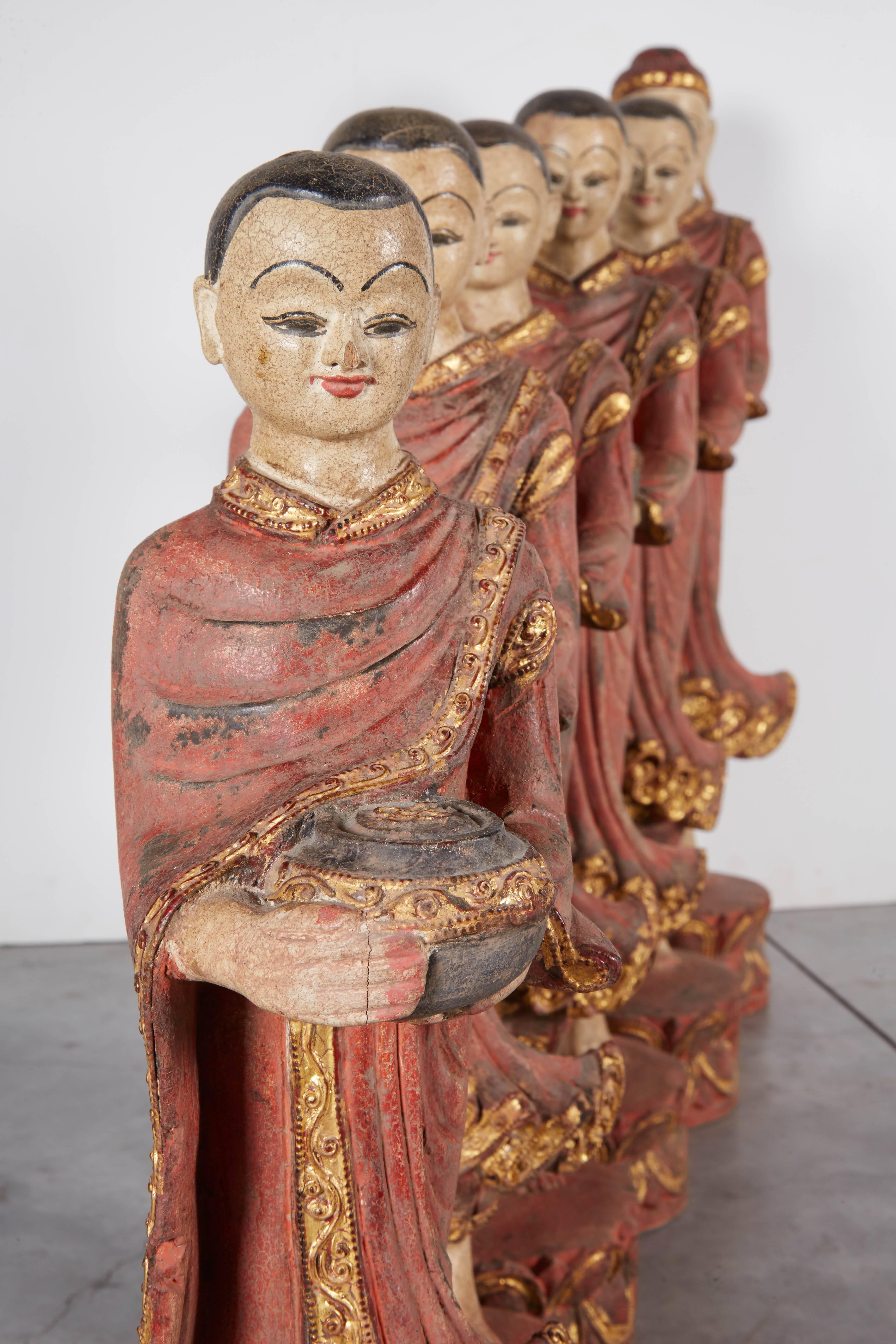 Wood Finely Carved Complete Burmese Buddha and Monk Set For Sale