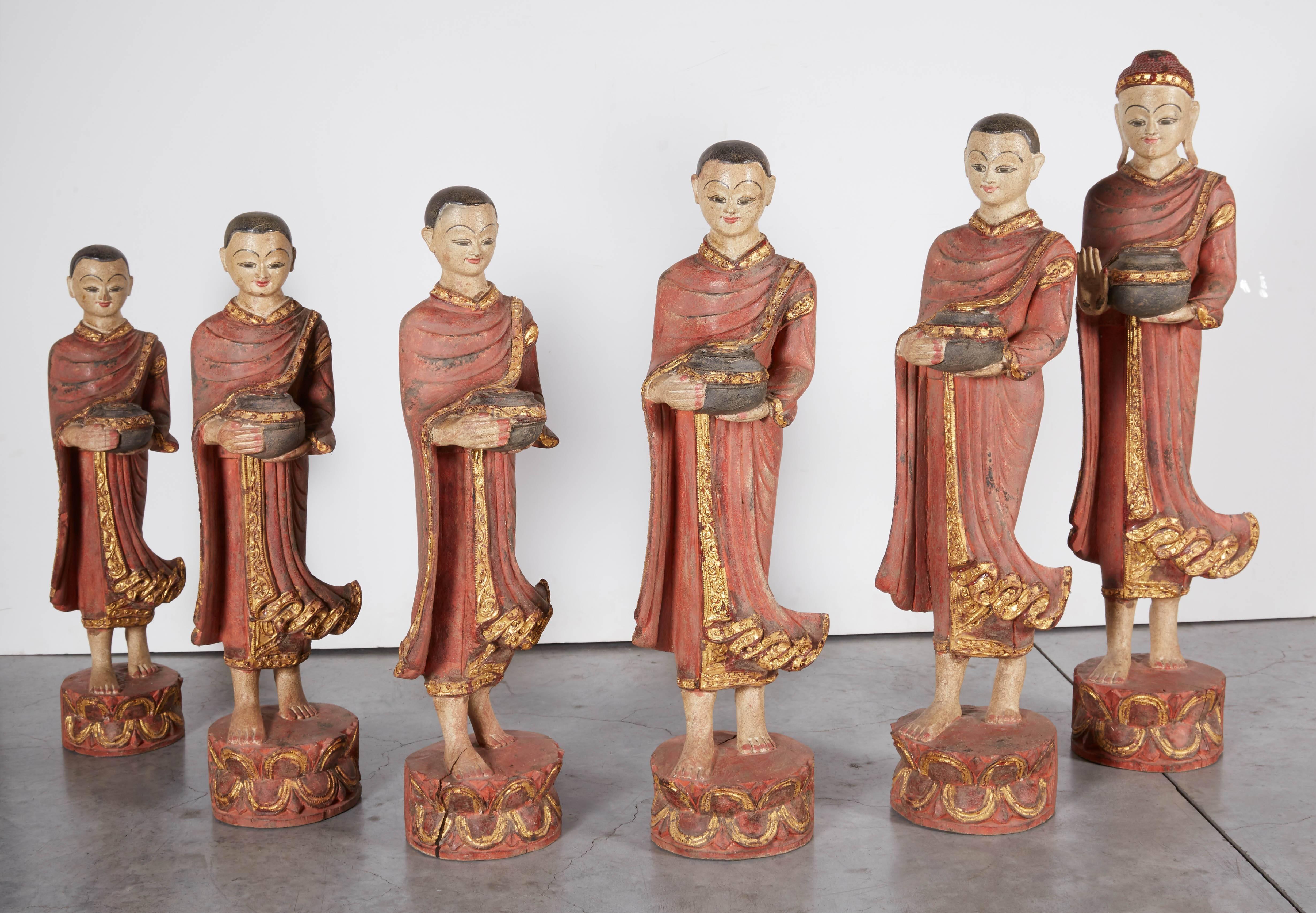 Finely Carved Complete Burmese Buddha and Monk Set For Sale 2