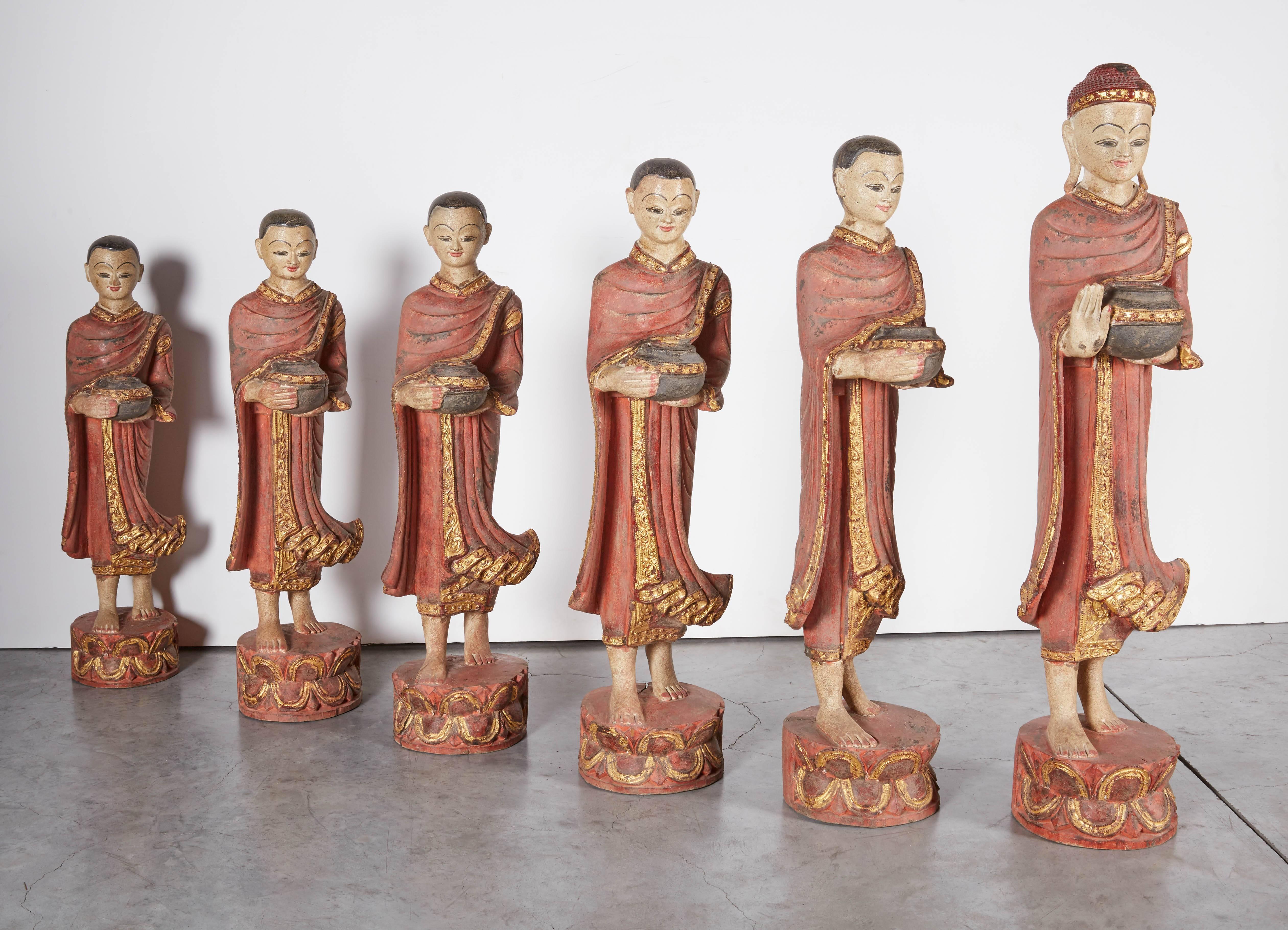 Finely Carved Complete Burmese Buddha and Monk Set For Sale 4