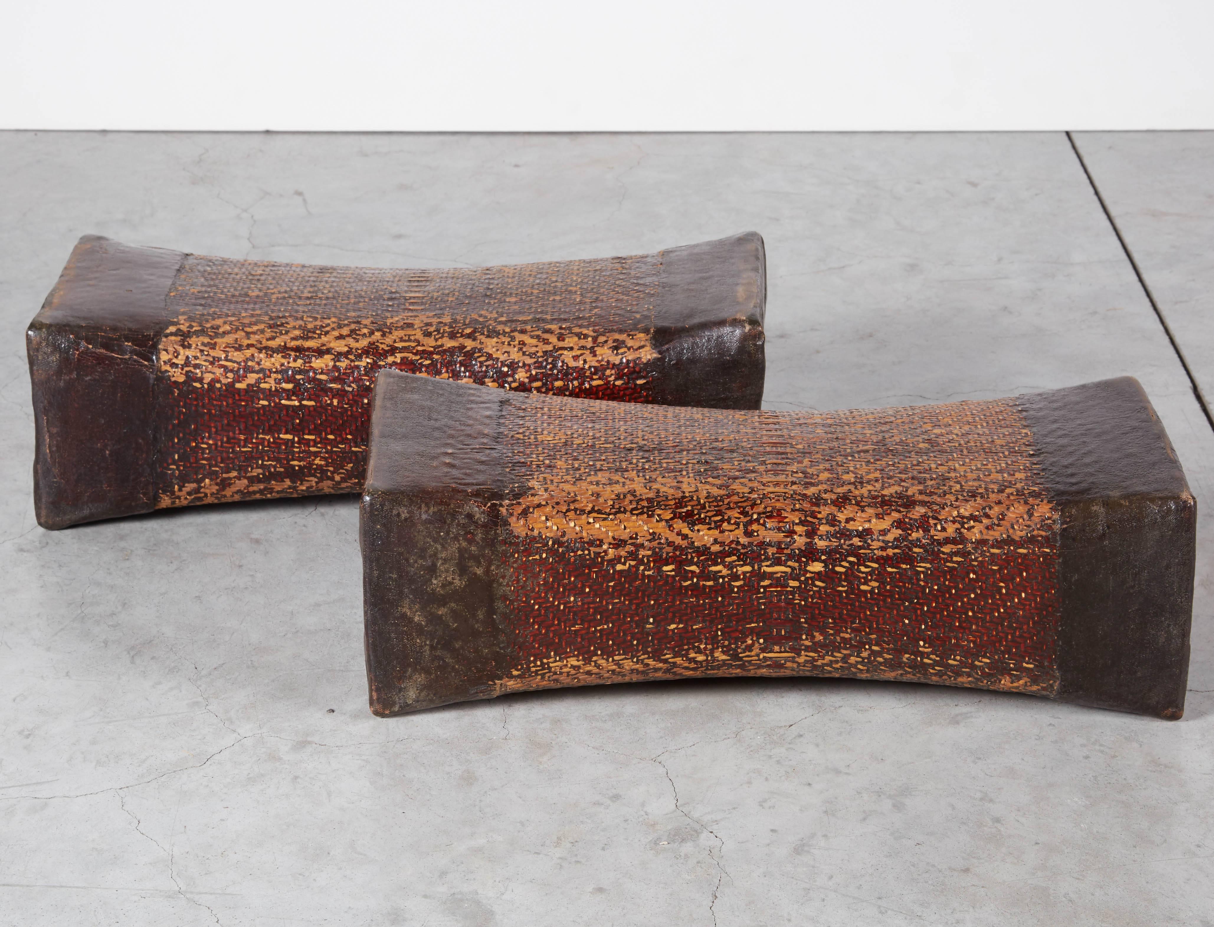 Large Pair of 19th Century Chinese Woven Willow and Lacquer Pillows For Sale 1