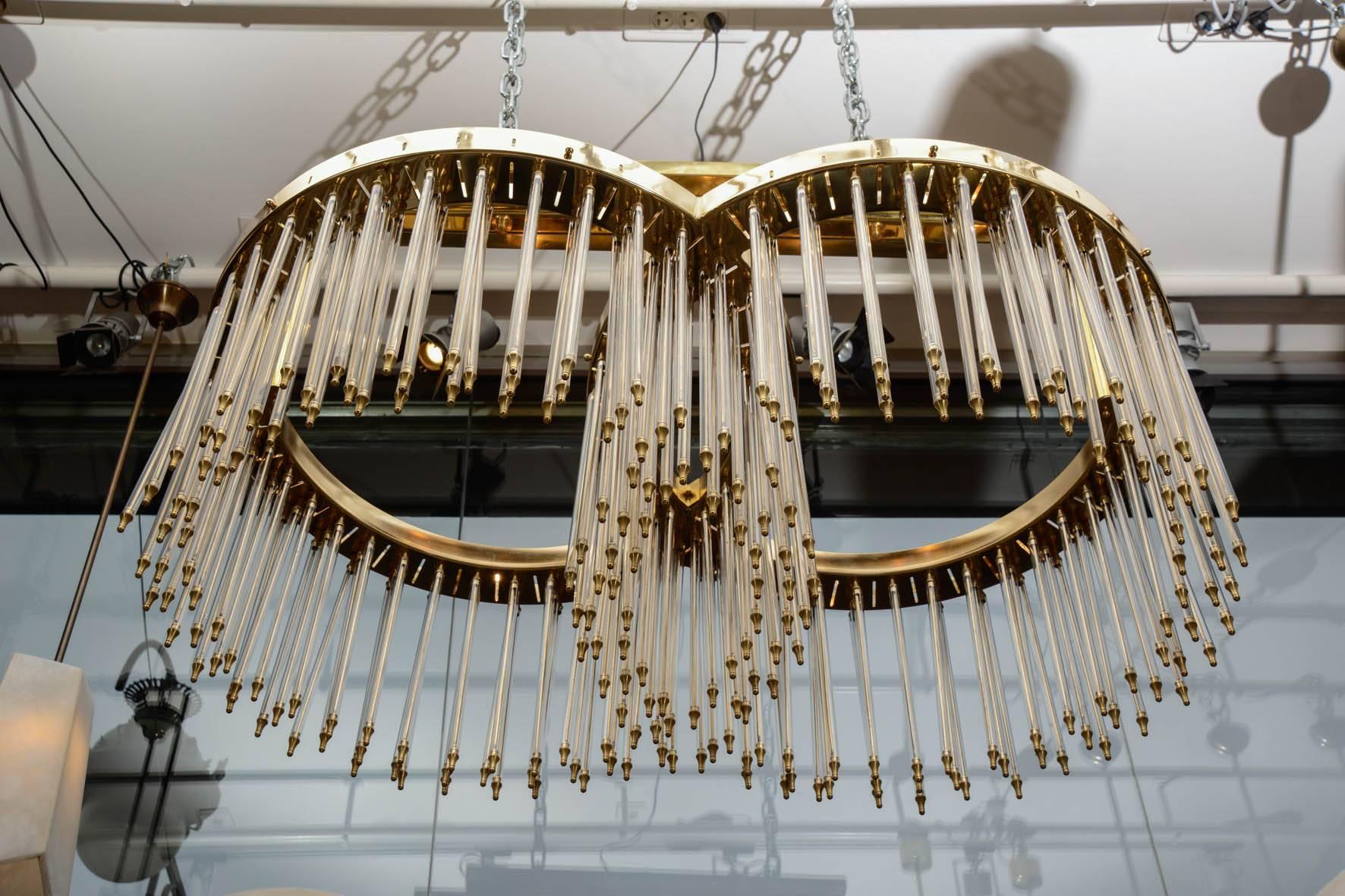 Unique Glustin Luminaires Creation Brass and Glass Rods Chandelier In Good Condition For Sale In Saint-Ouen, IDF