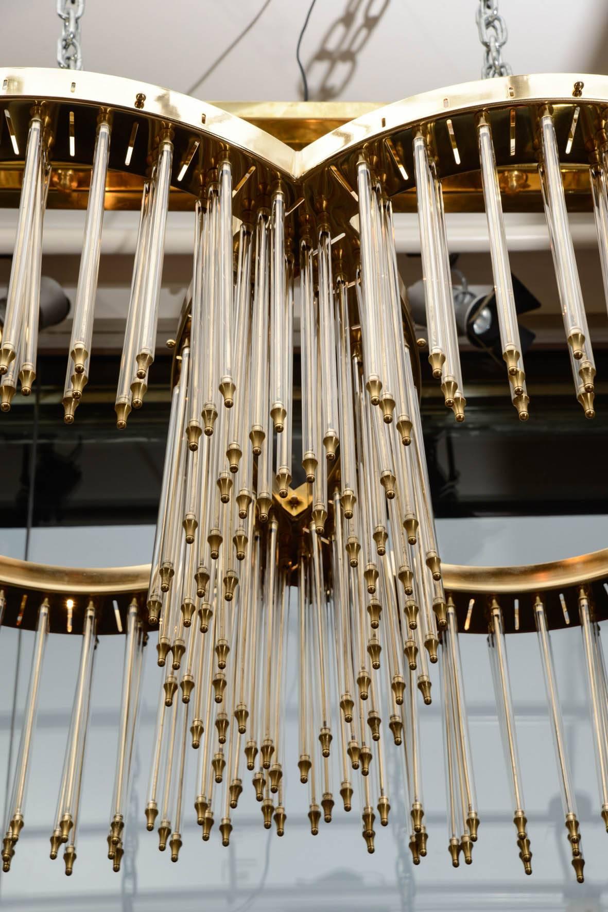 Contemporary Unique Glustin Luminaires Creation Brass and Glass Rods Chandelier For Sale